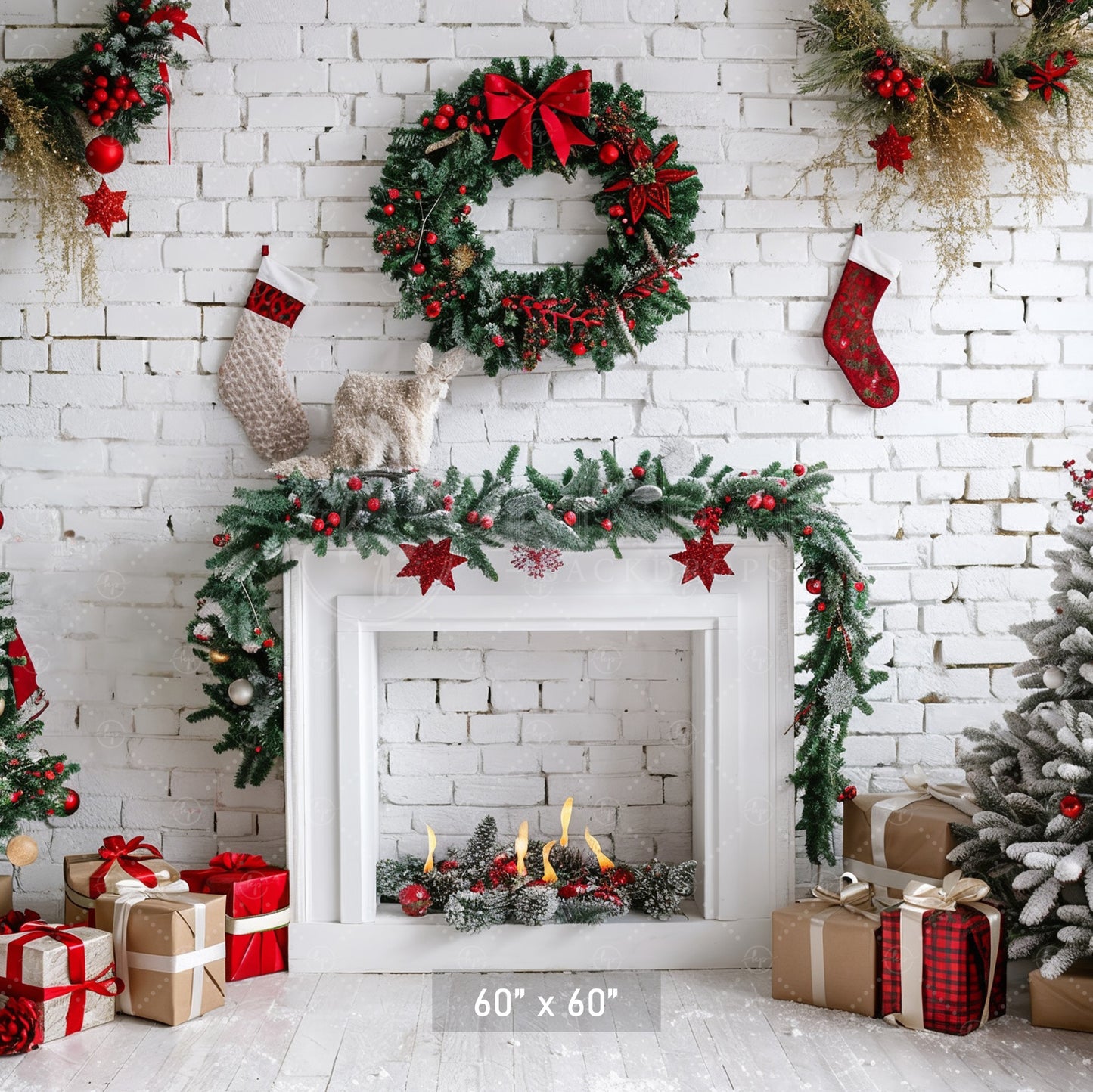 Festive Christmas Fireplace Backdrop