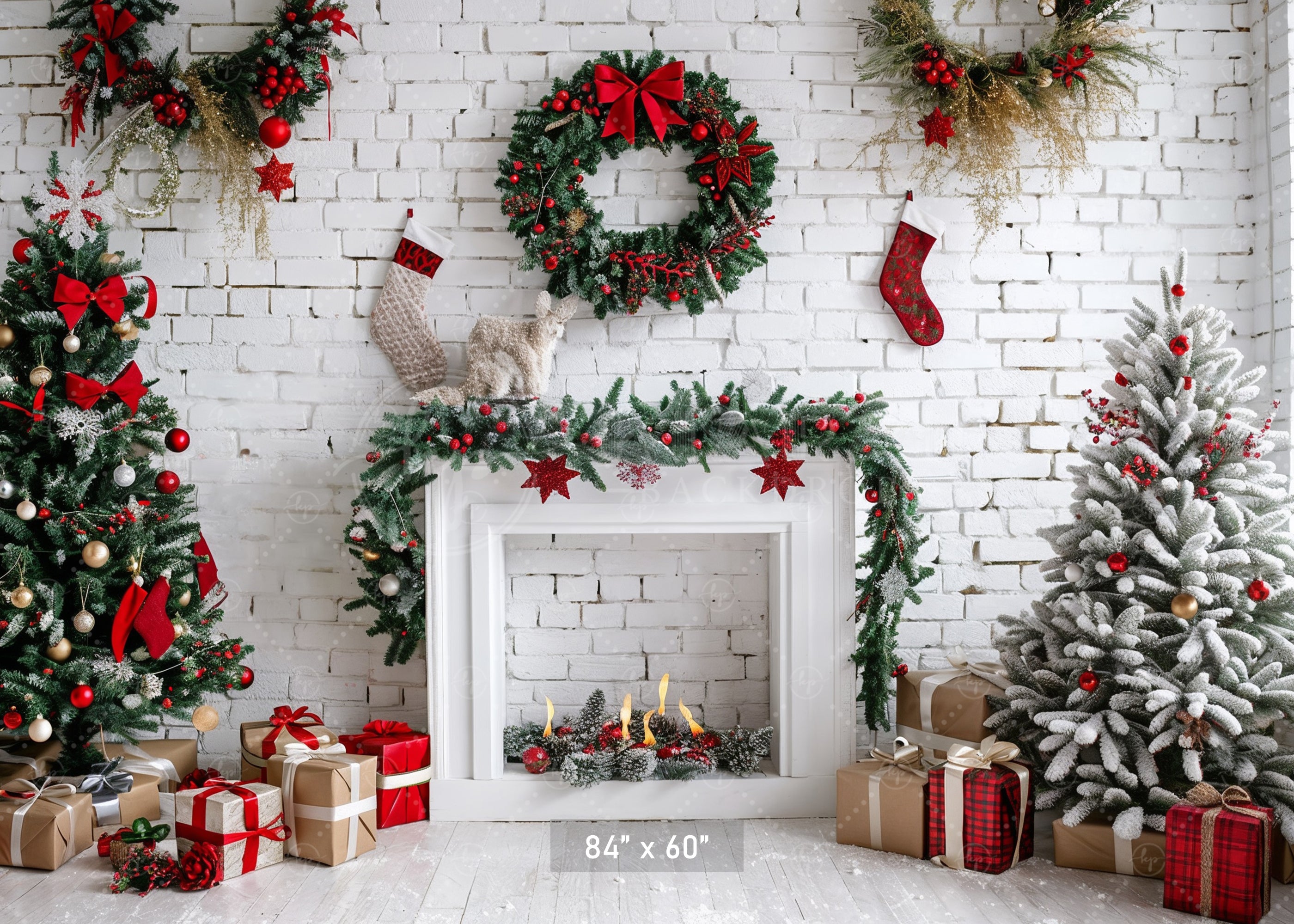 Festive Christmas Fireplace Backdrop