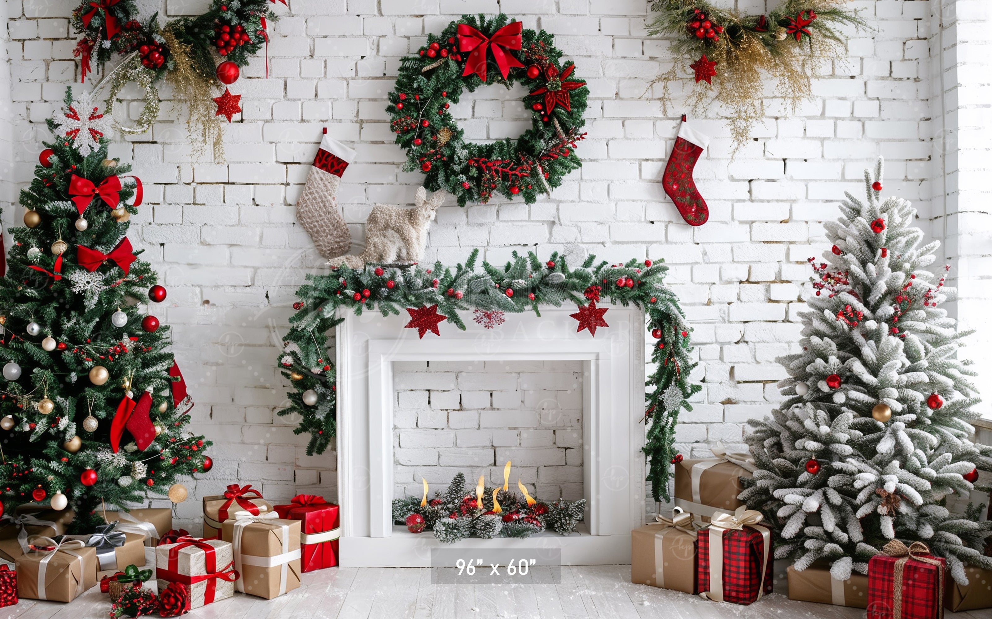 Festive Christmas Fireplace Backdrop