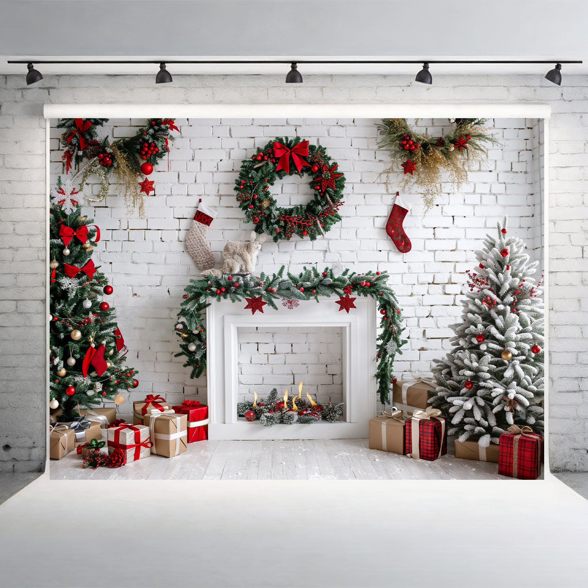 Festive Christmas Fireplace Backdrop
