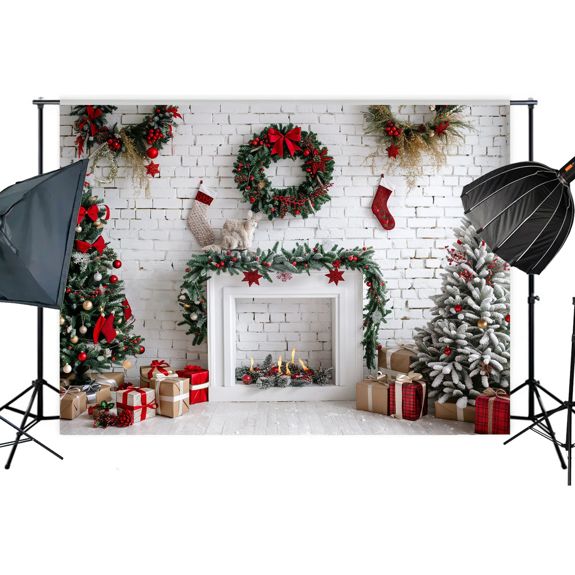 Festive Christmas Fireplace Backdrop