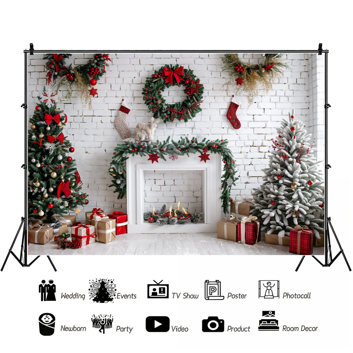 Festive Christmas Fireplace Backdrop