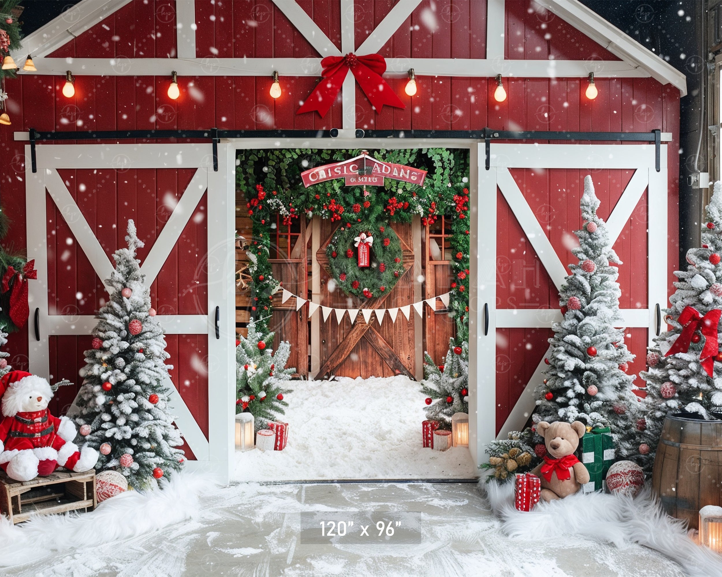 Festive Snowy Barn Entrance Backdrop