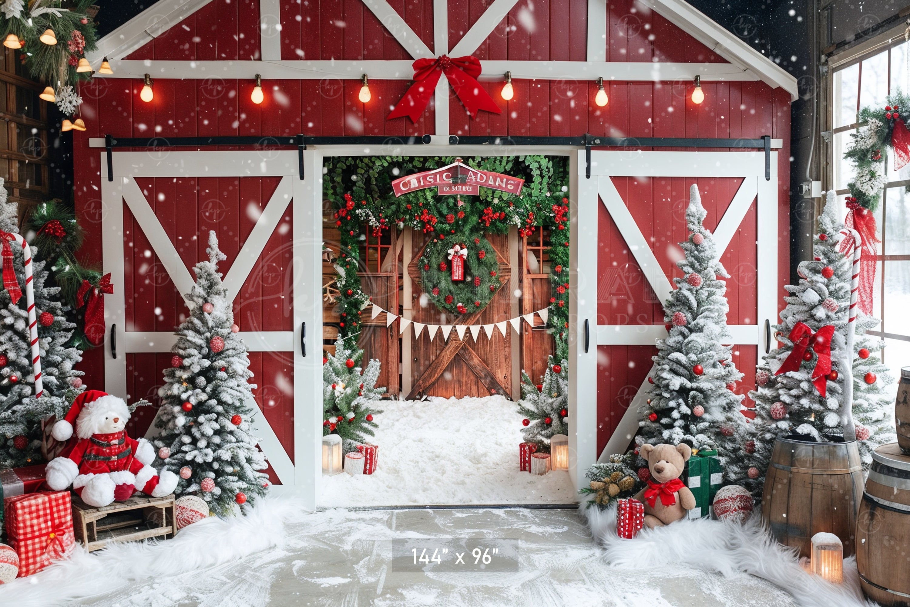 Festive Snowy Barn Entrance Backdrop