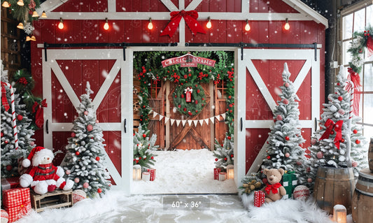 Festive Snowy Barn Entrance Backdrop