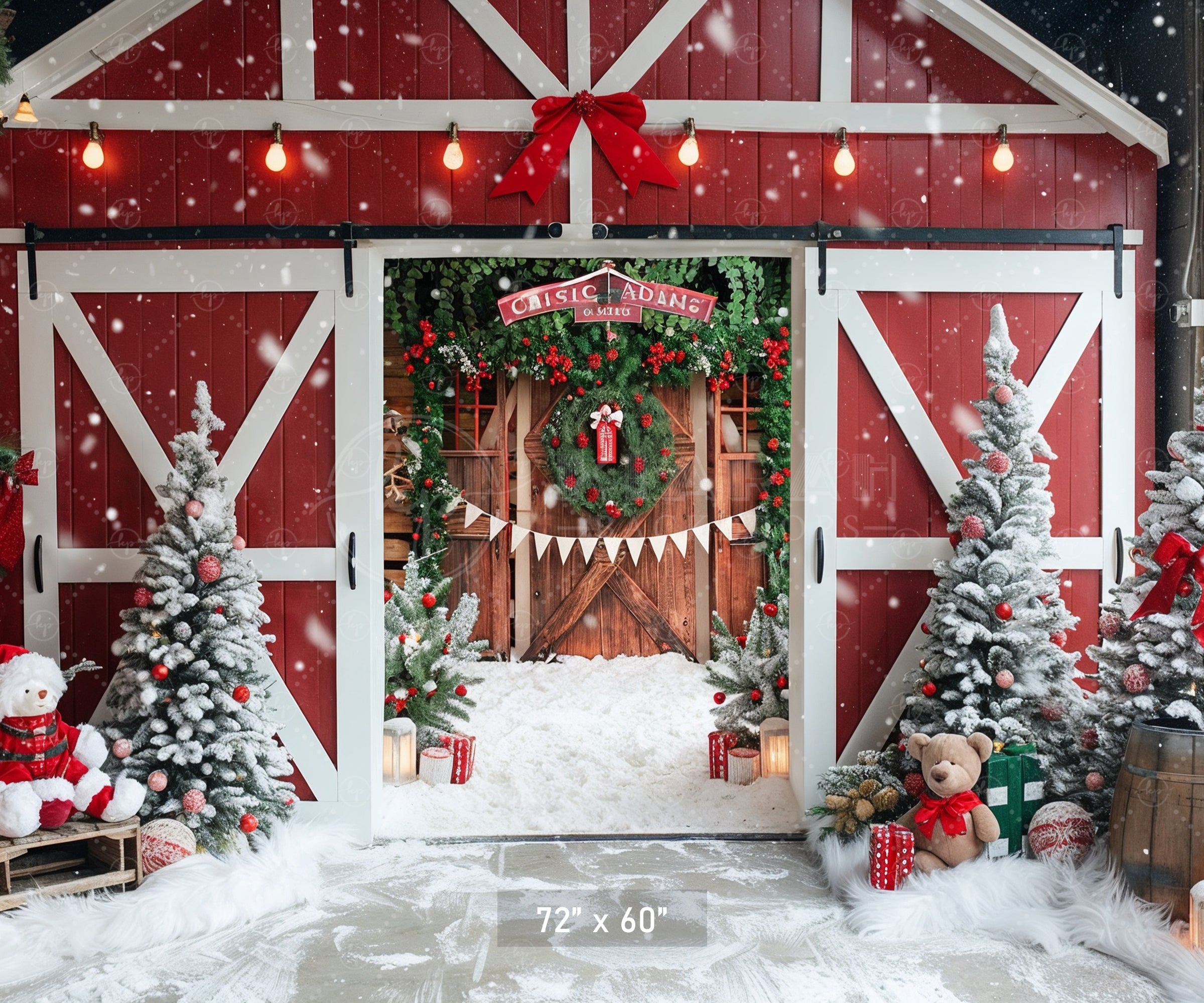 Festive Snowy Barn Entrance Backdrop
