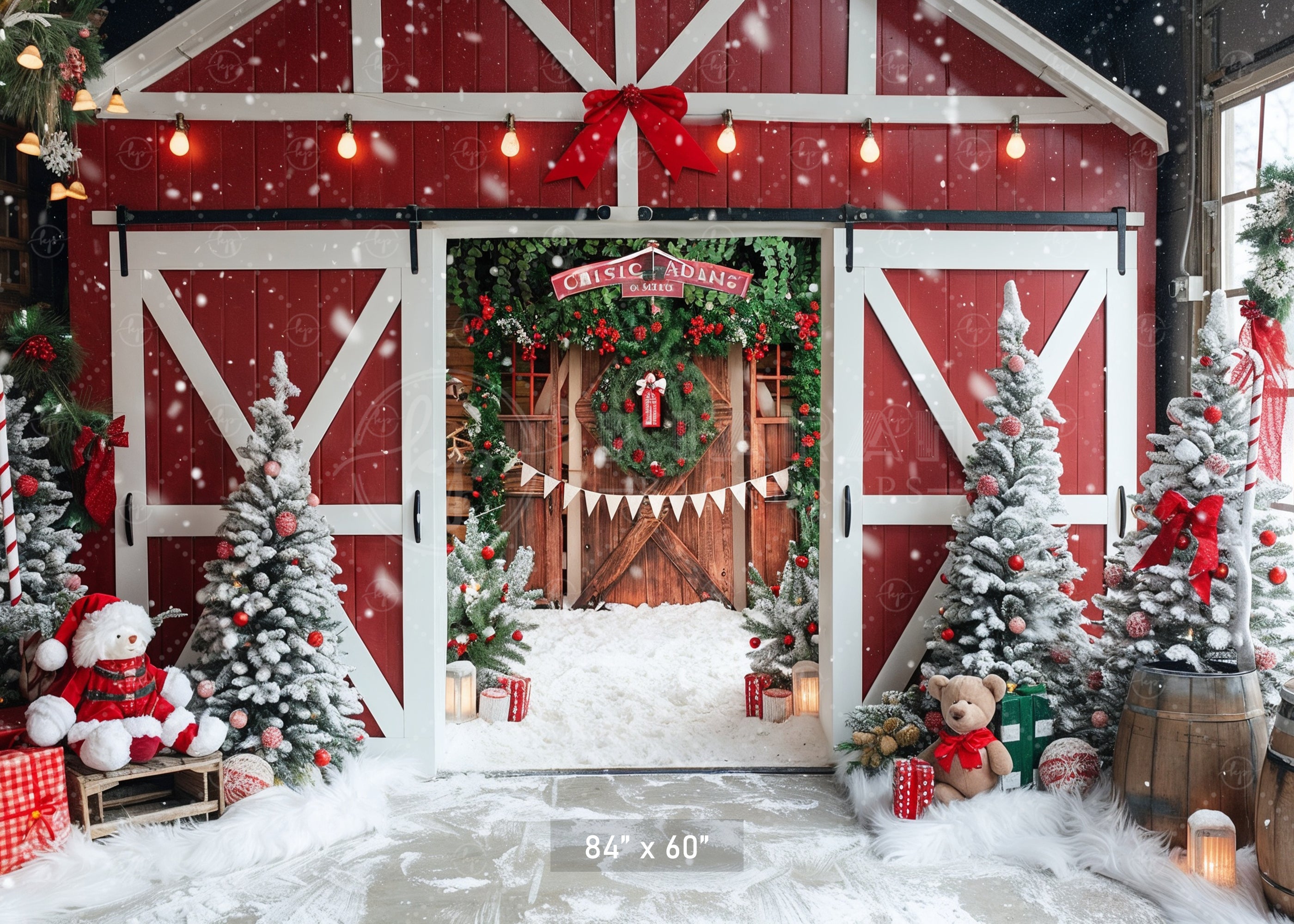 Festive Snowy Barn Entrance Backdrop