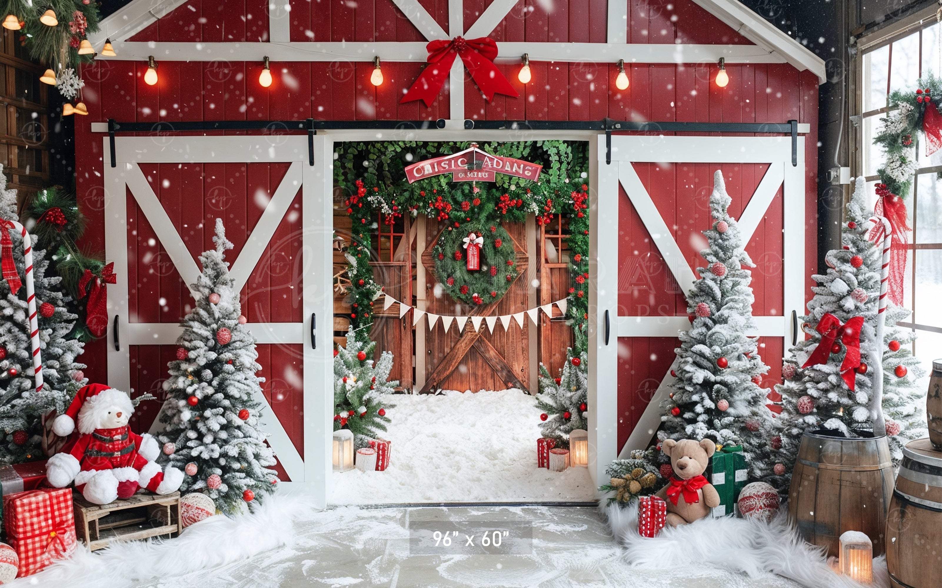 Festive Snowy Barn Entrance Backdrop