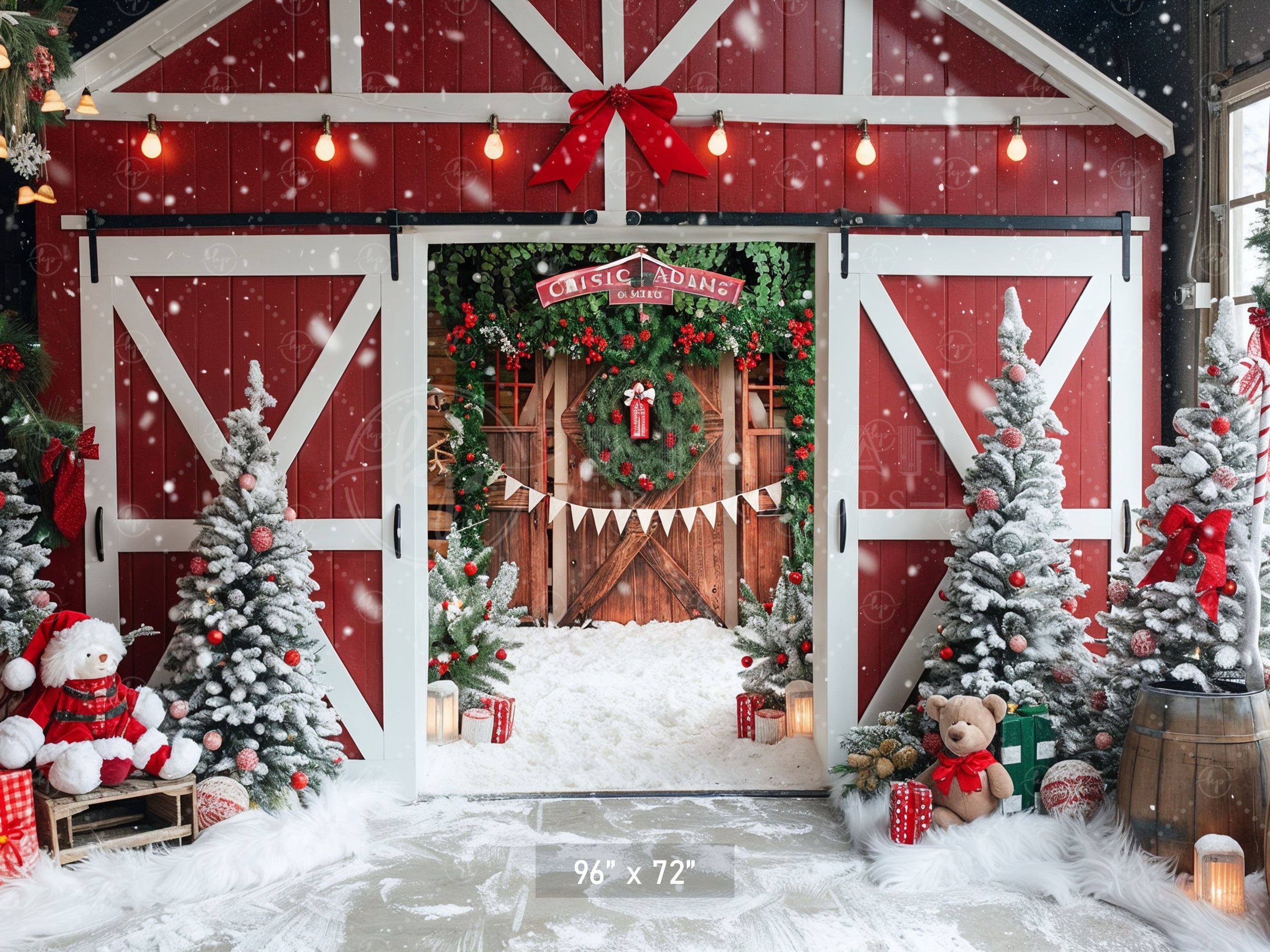 Festive Snowy Barn Entrance Backdrop