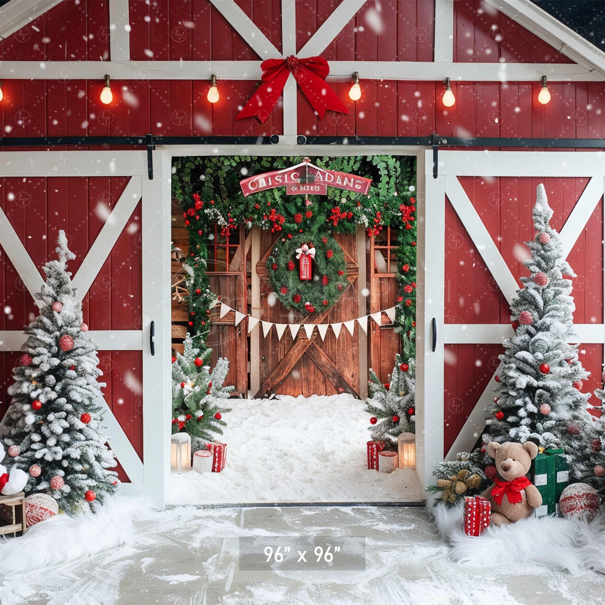 Festive Snowy Barn Entrance Backdrop