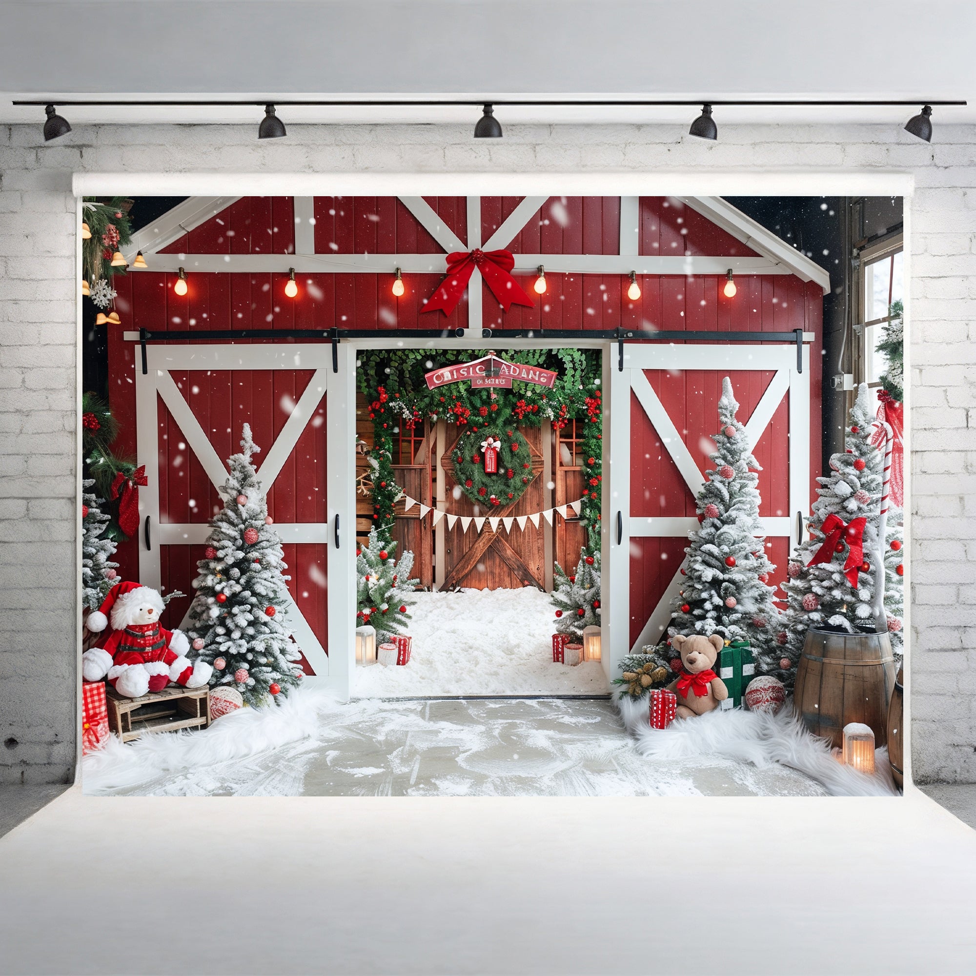 Festive Snowy Barn Entrance Backdrop