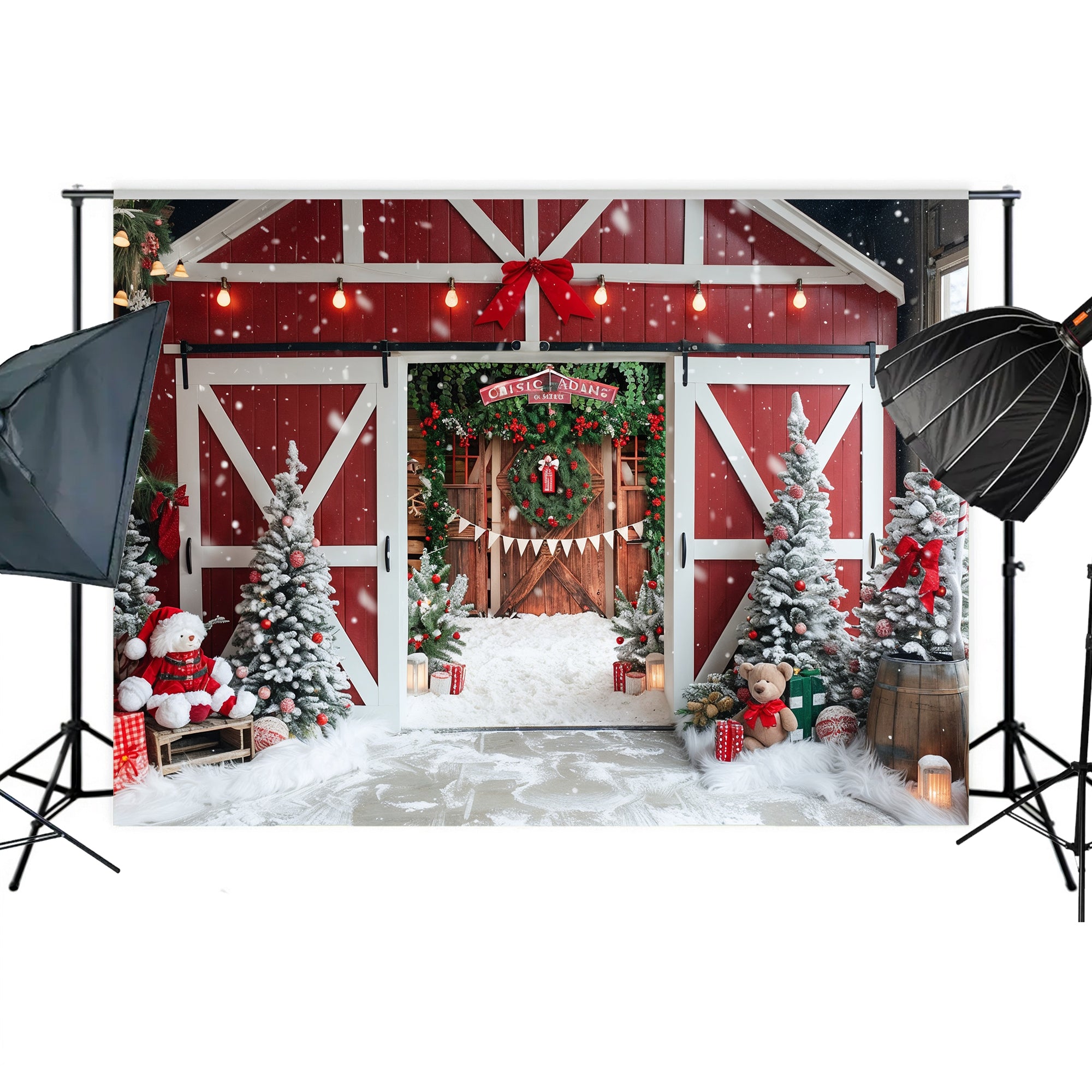 Festive Snowy Barn Entrance Backdrop