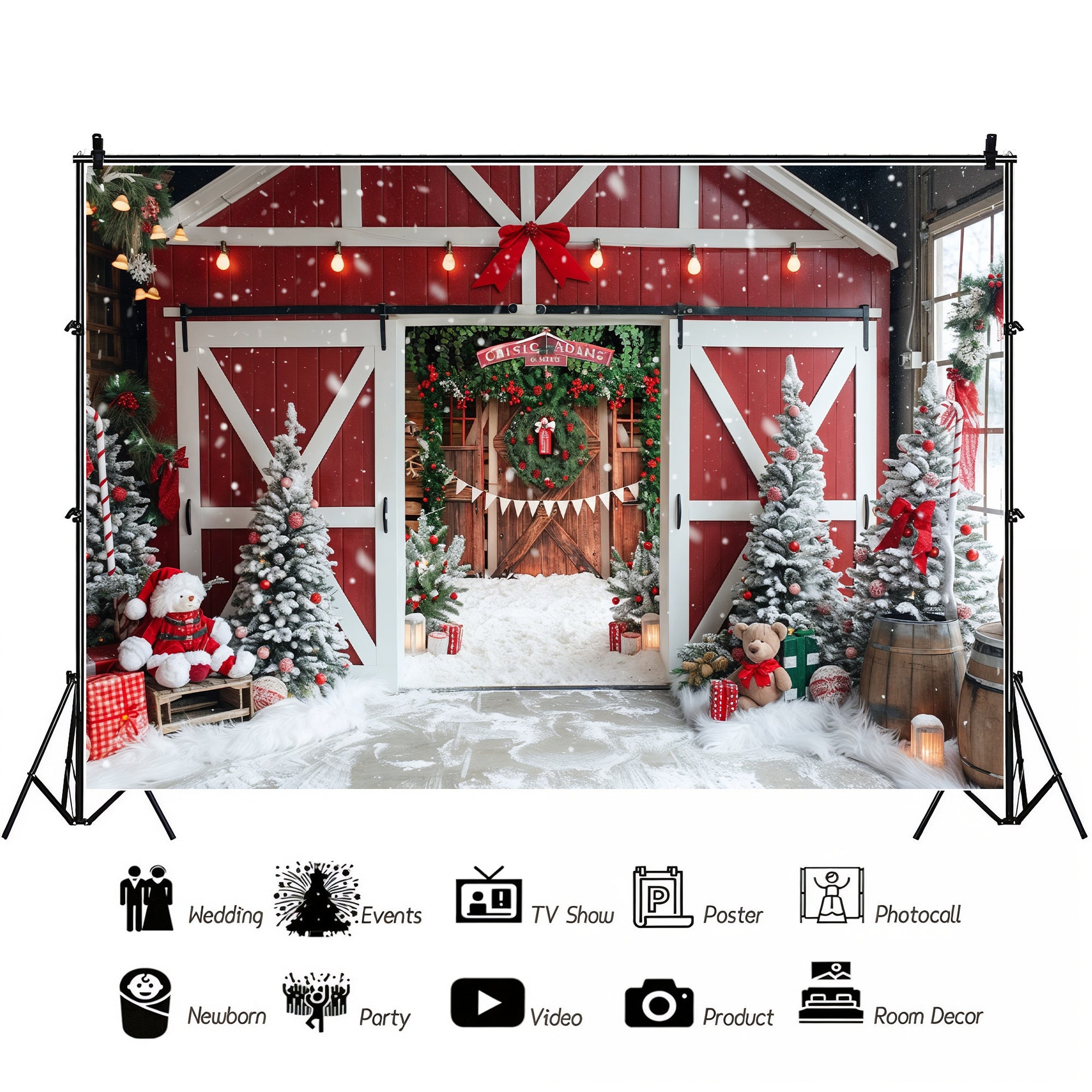 Festive Snowy Barn Entrance Backdrop