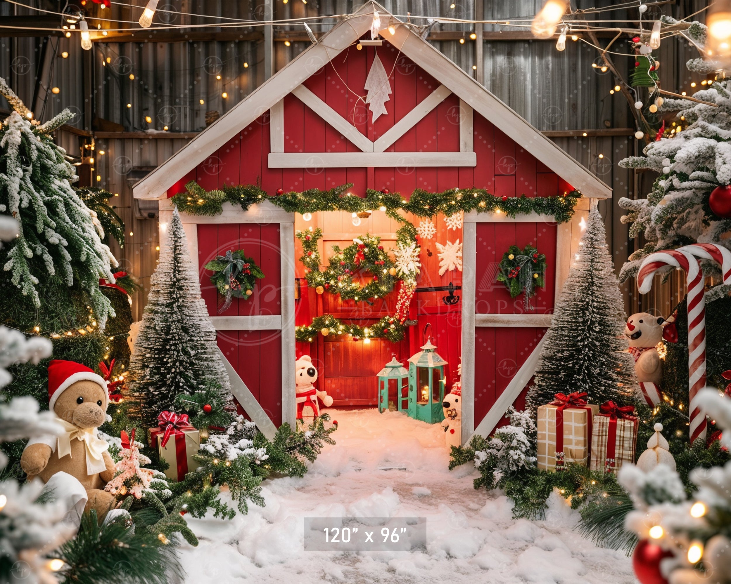 Whimsical Christmas Barn Wonderland Backdrop
