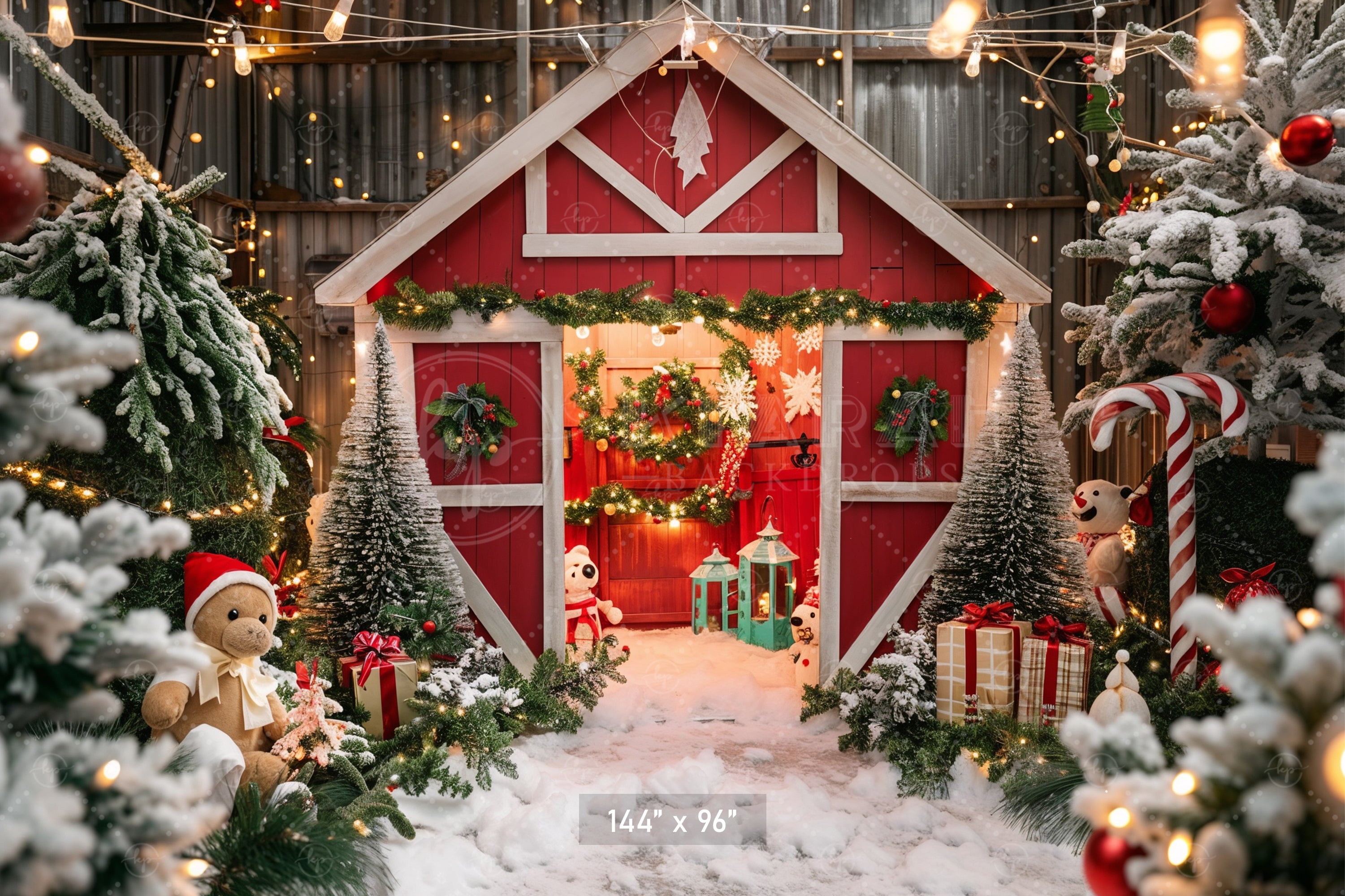 Whimsical Christmas Barn Wonderland Backdrop