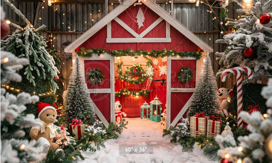 Whimsical Christmas Barn Wonderland Backdrop