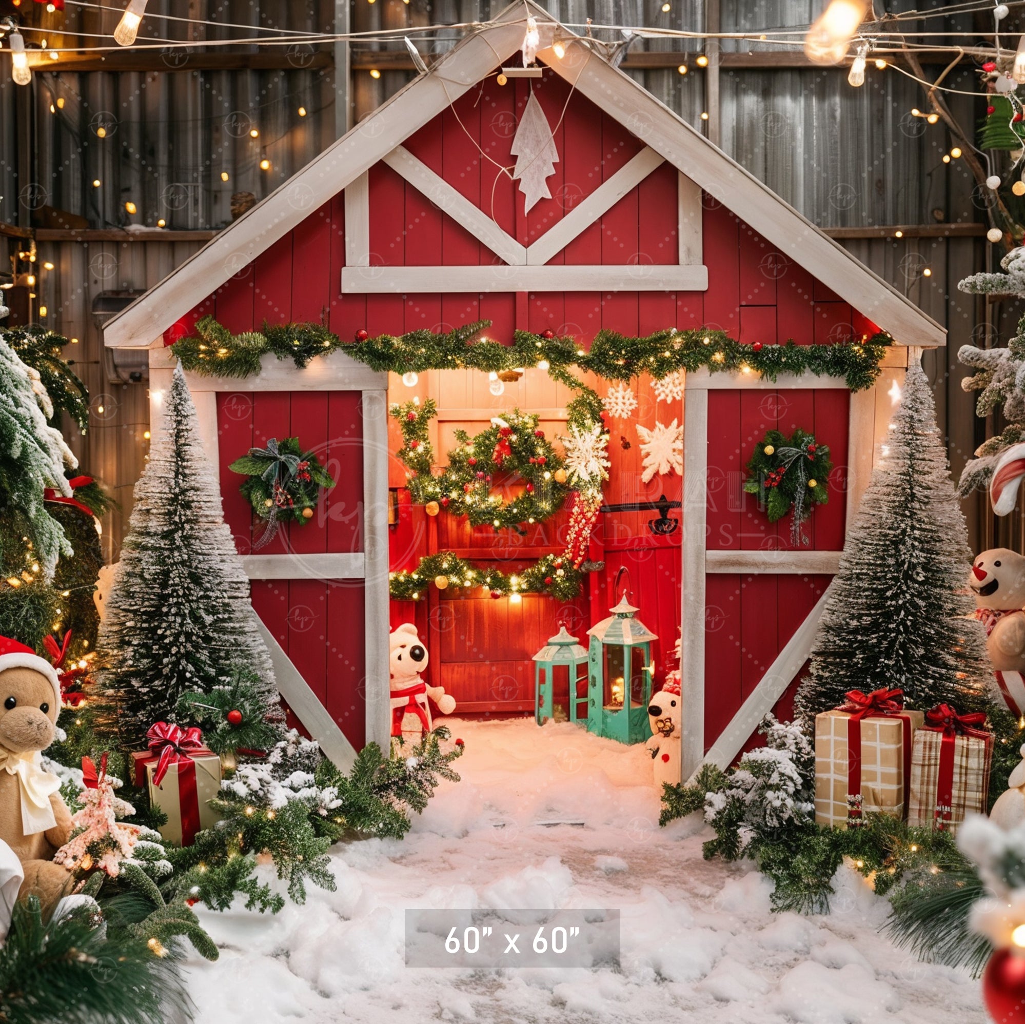 Whimsical Christmas Barn Wonderland Backdrop