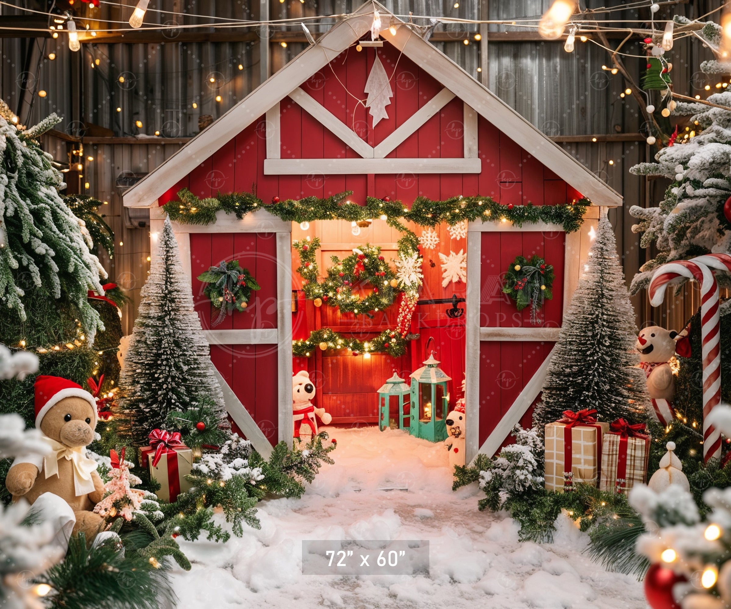 Whimsical Christmas Barn Wonderland Backdrop