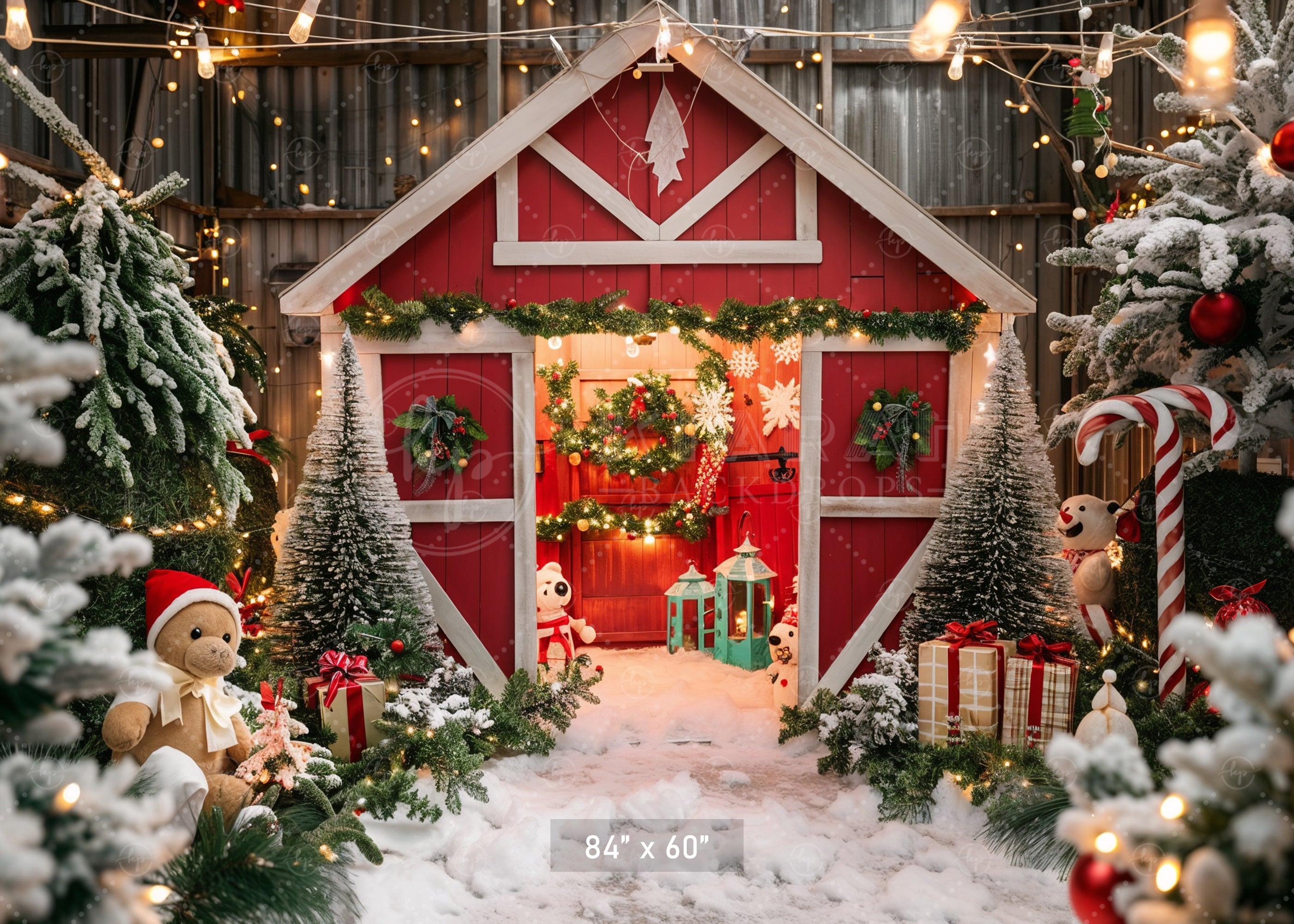 Whimsical Christmas Barn Wonderland Backdrop