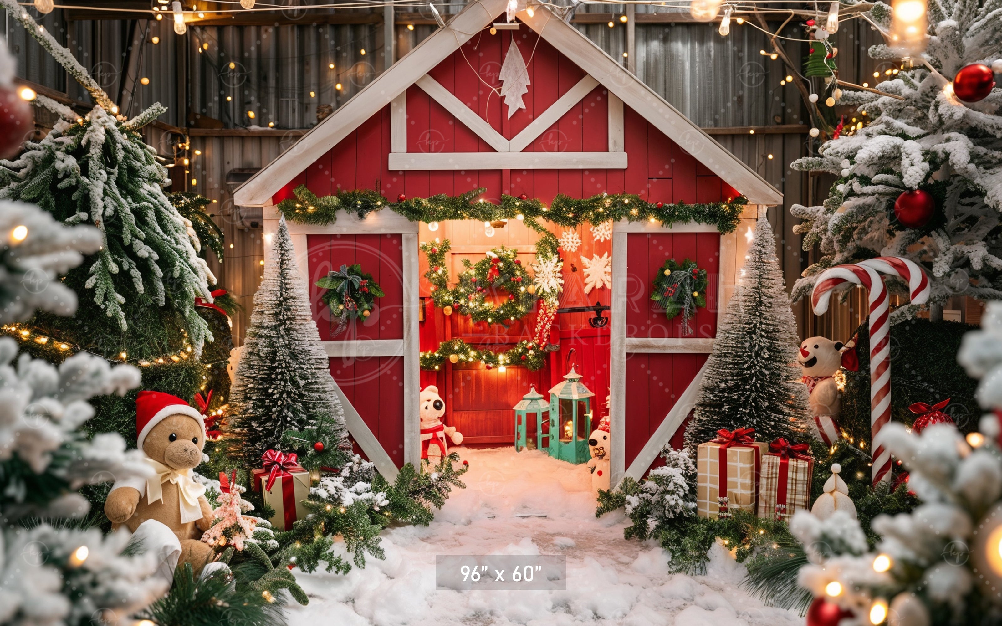 Whimsical Christmas Barn Wonderland Backdrop