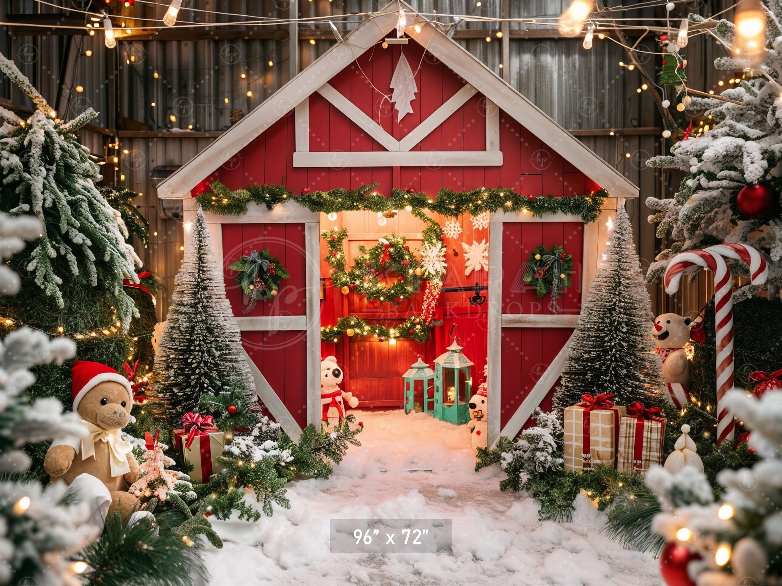 Whimsical Christmas Barn Wonderland Backdrop