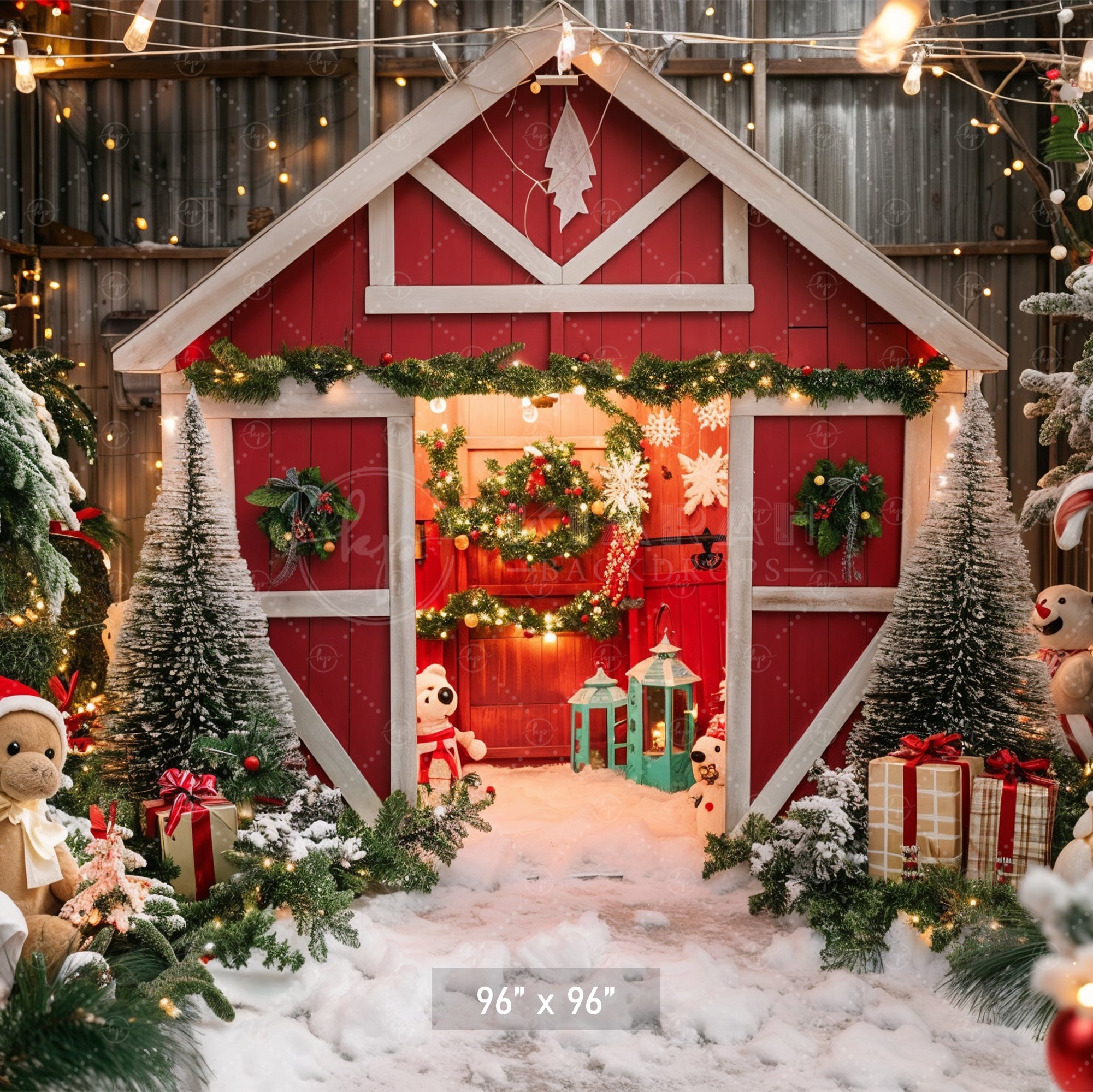 Whimsical Christmas Barn Wonderland Backdrop