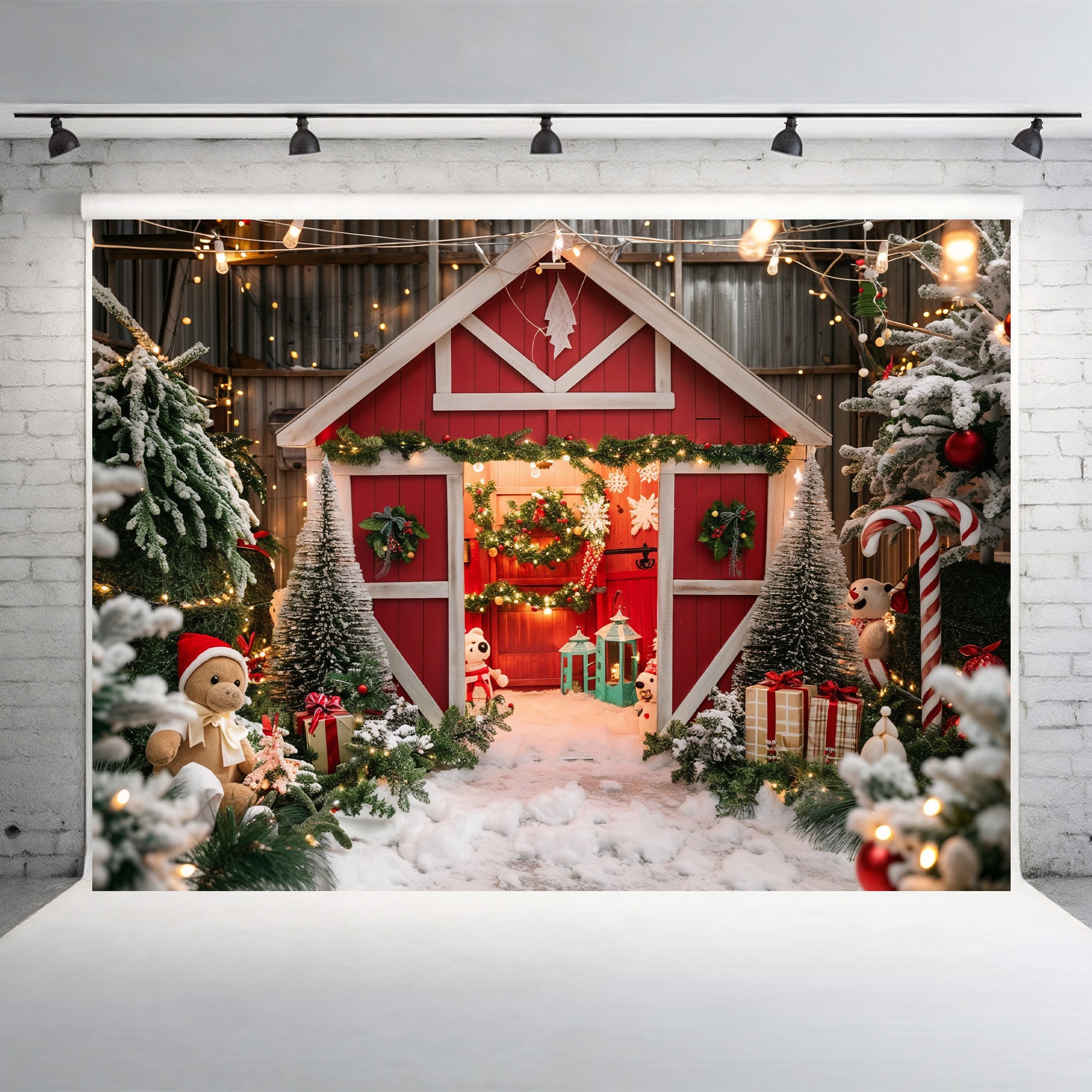 Whimsical Christmas Barn Wonderland Backdrop