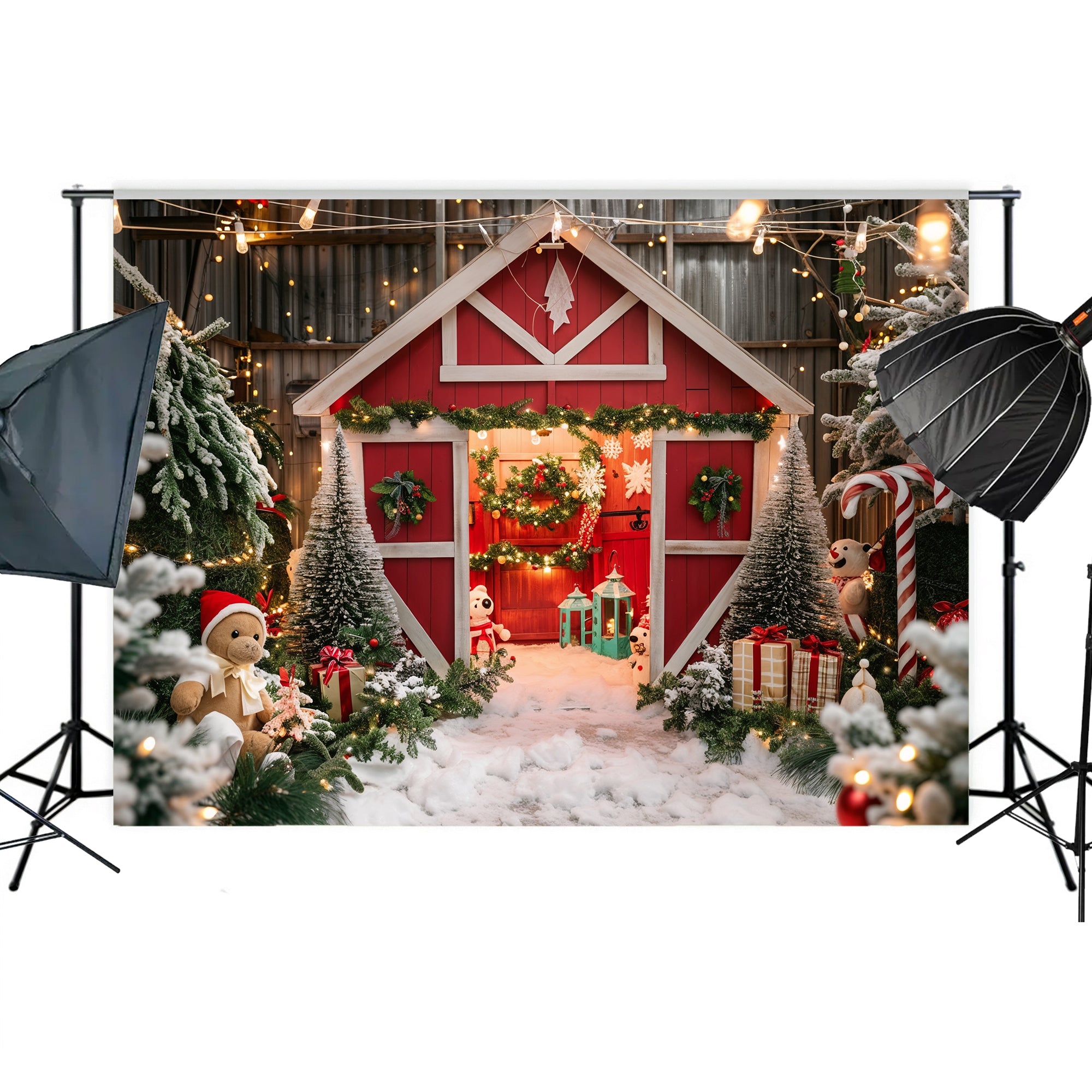 Whimsical Christmas Barn Wonderland Backdrop