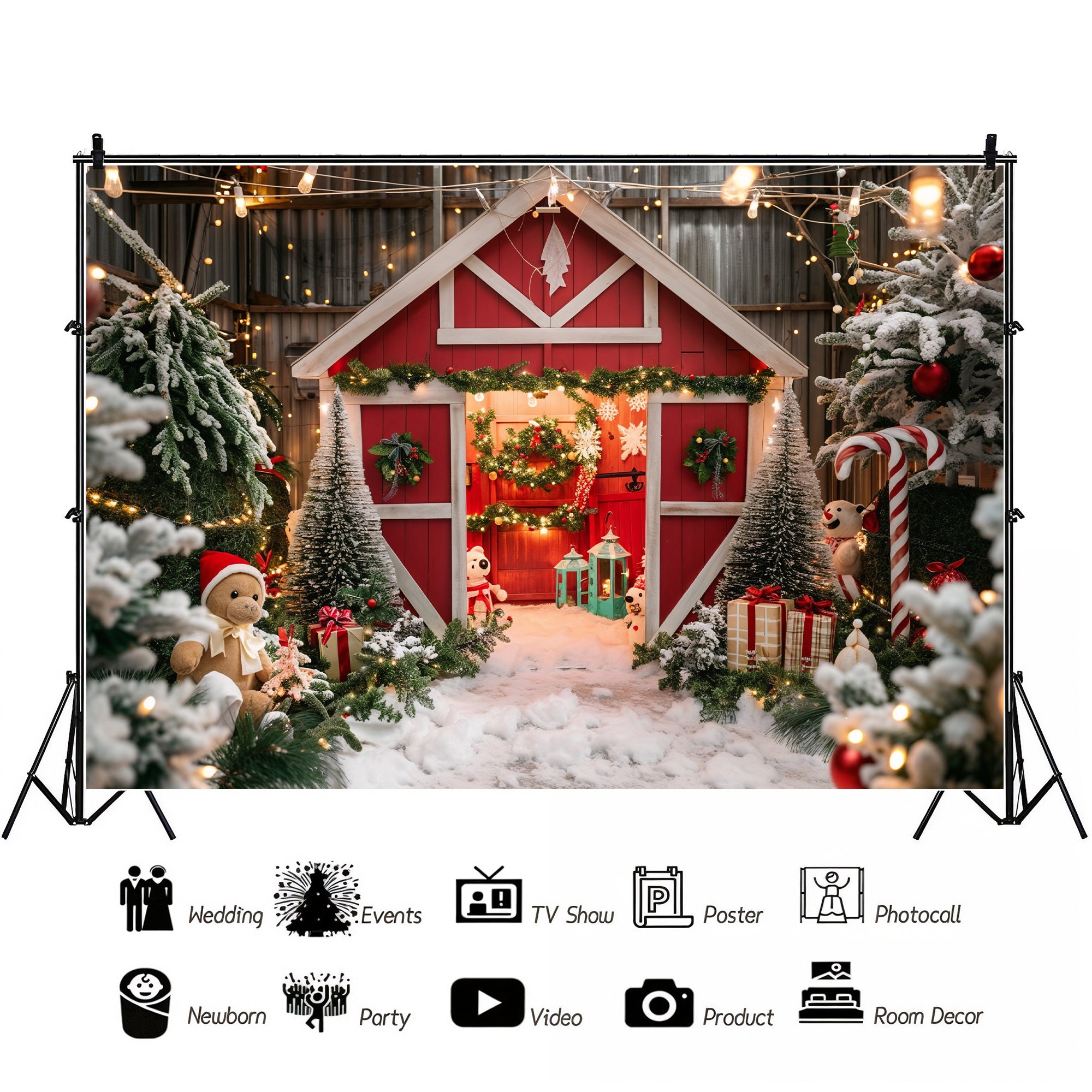 Whimsical Christmas Barn Wonderland Backdrop