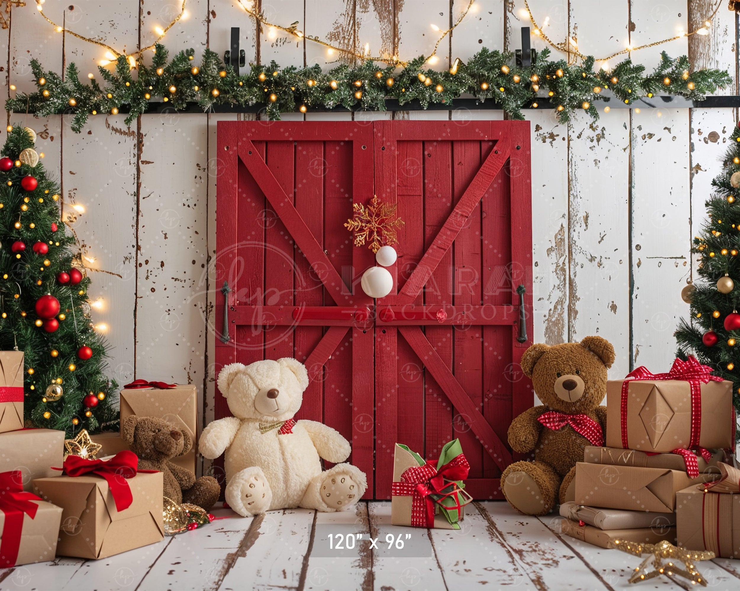 Cozy Christmas Teddy Bear Barn Door Backdrop