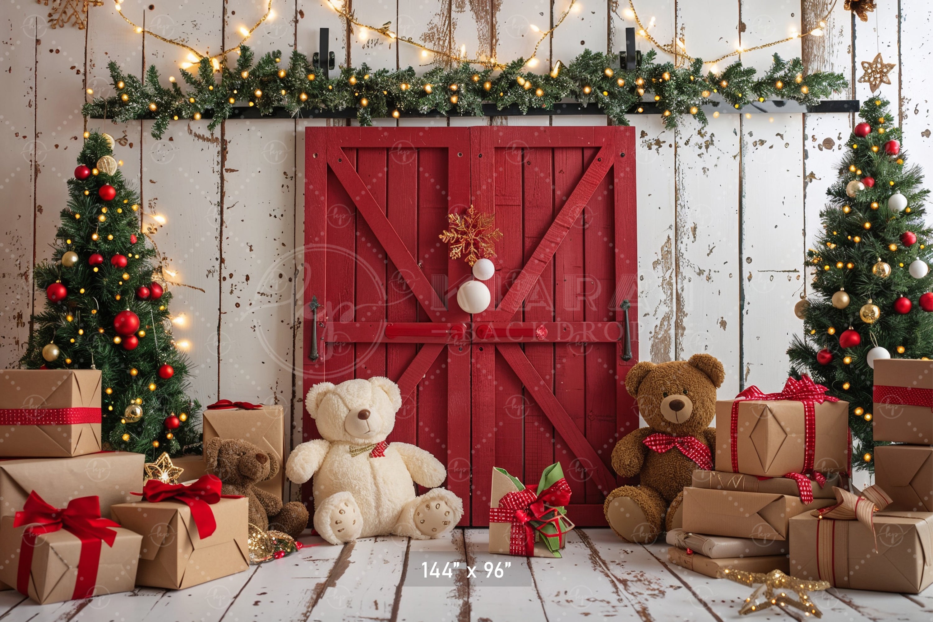 Cozy Christmas Teddy Bear Barn Door Backdrop