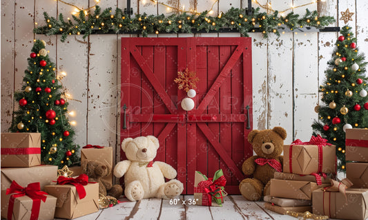 Cozy Christmas Teddy Bear Barn Door Backdrop