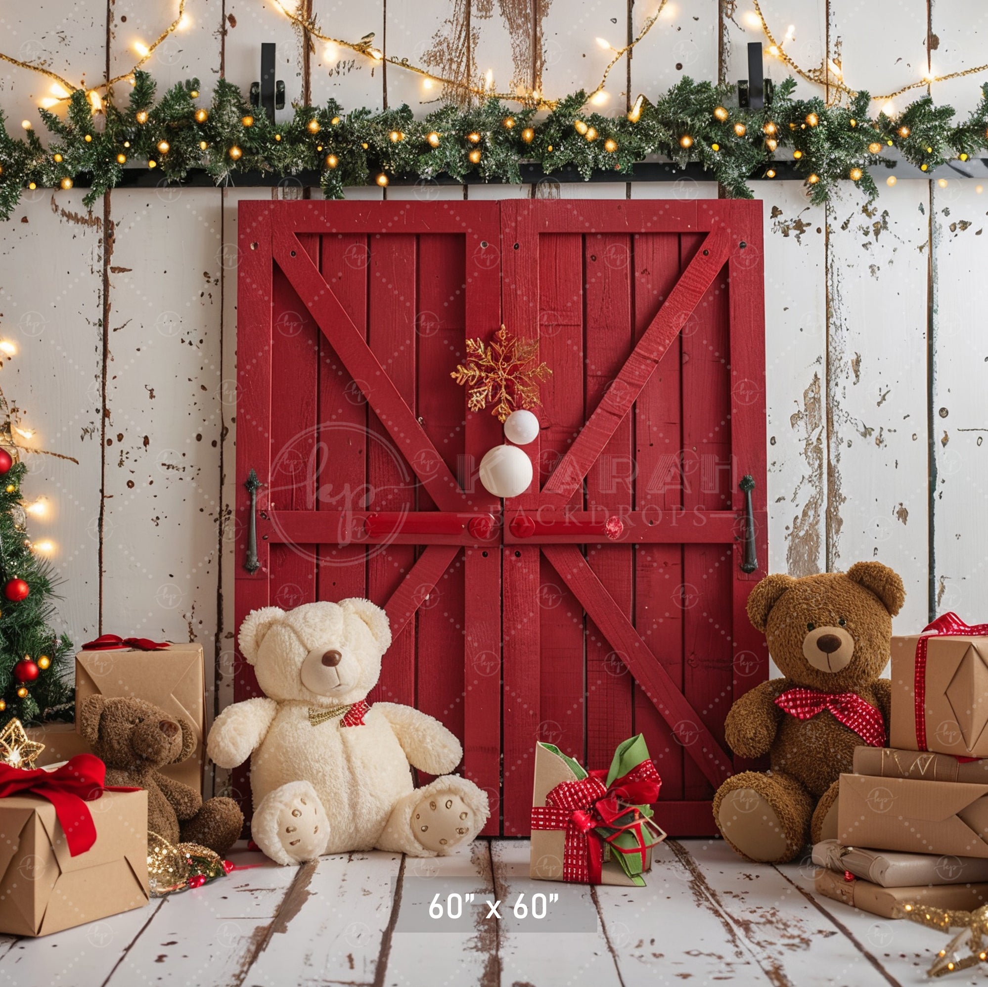 Cozy Christmas Teddy Bear Barn Door Backdrop