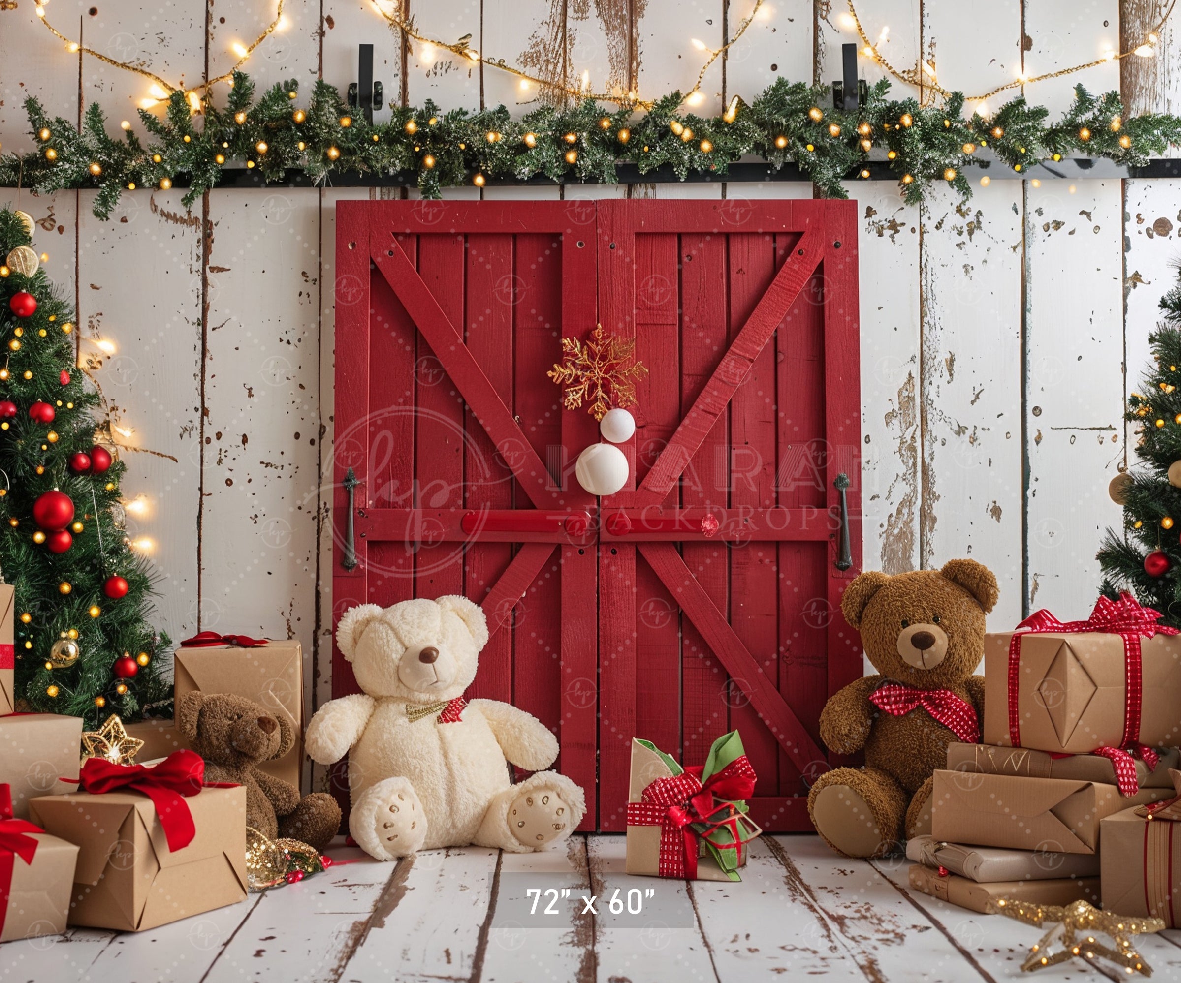 Cozy Christmas Teddy Bear Barn Door Backdrop