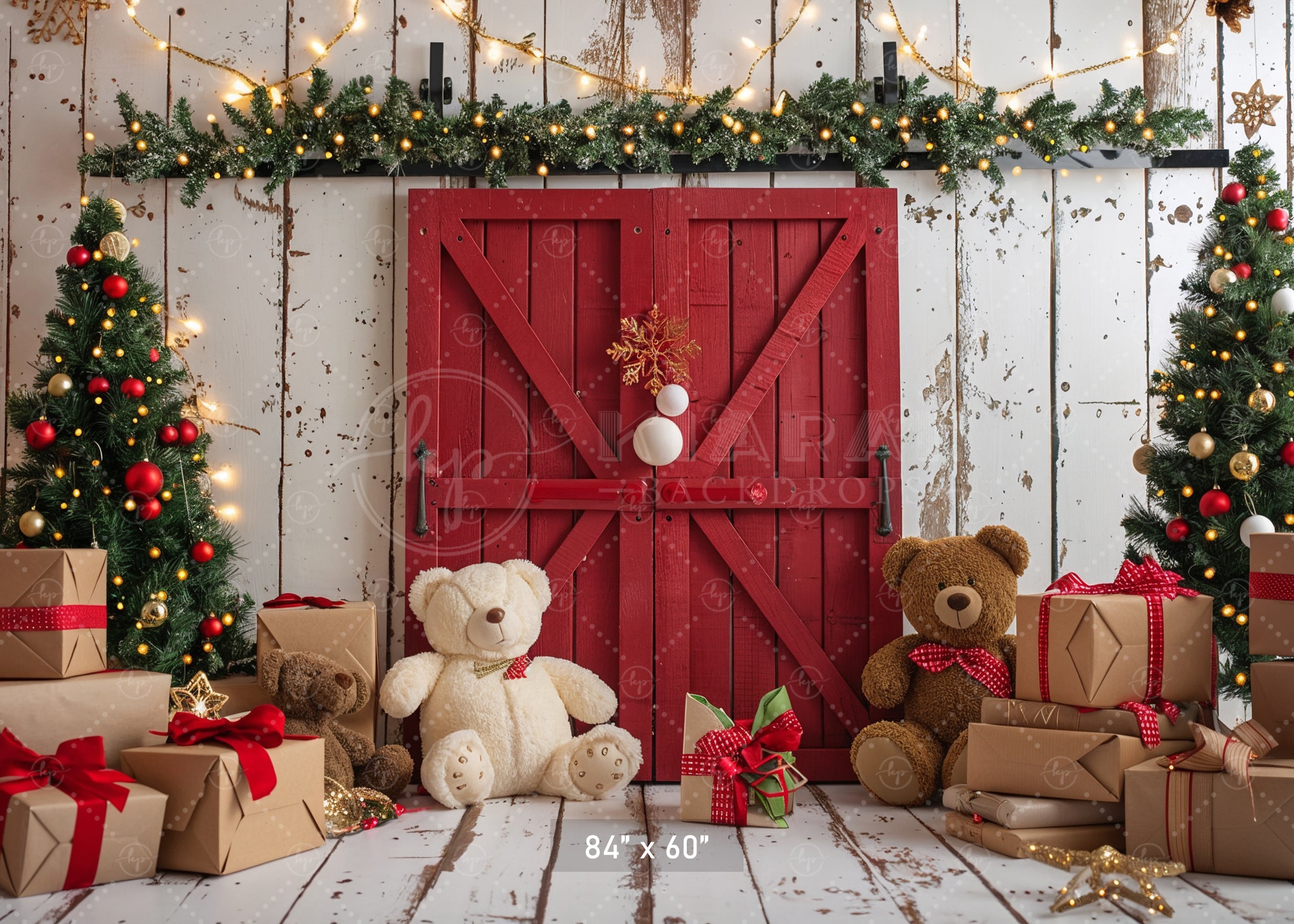Cozy Christmas Teddy Bear Barn Door Backdrop