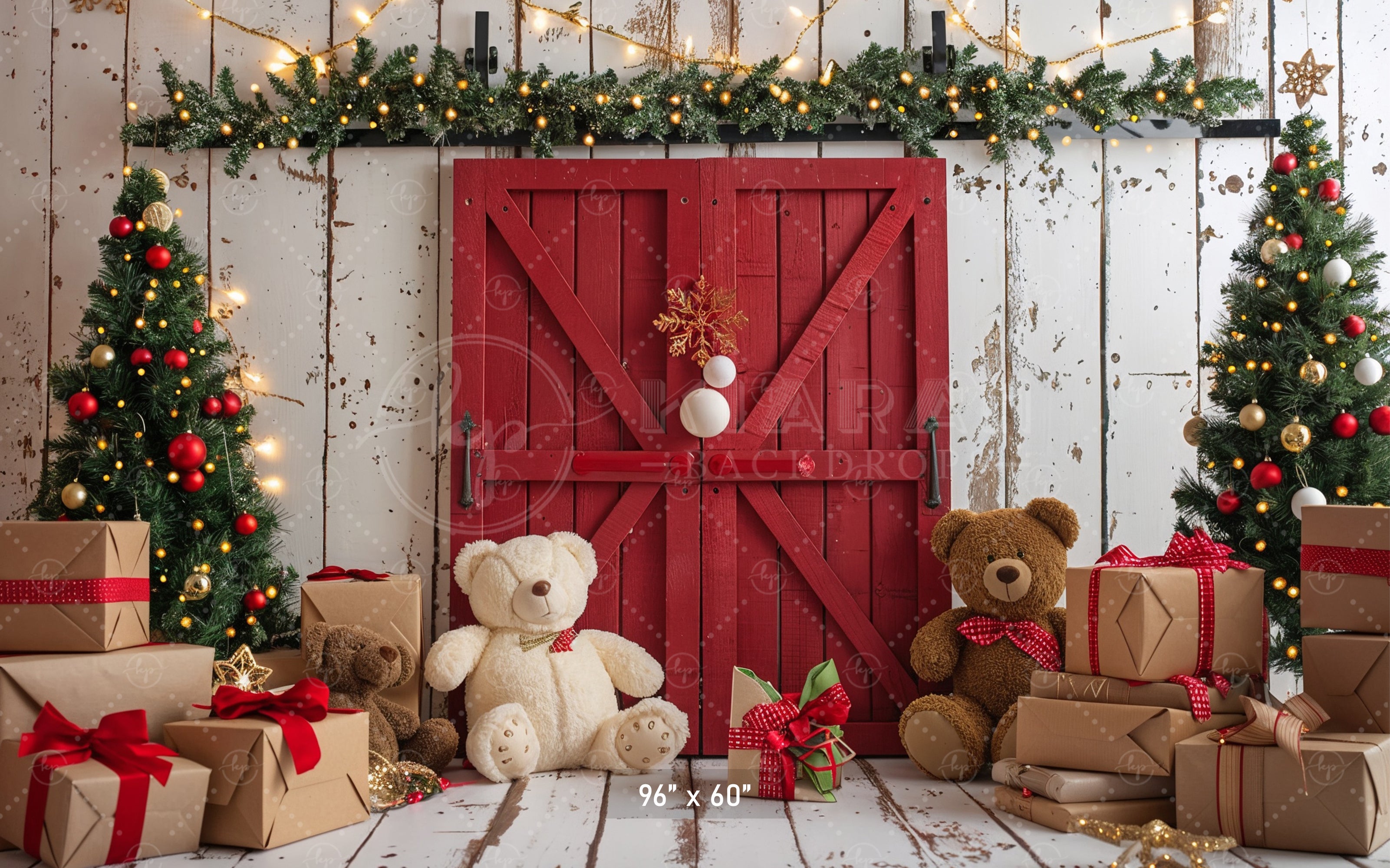 Cozy Christmas Teddy Bear Barn Door Backdrop