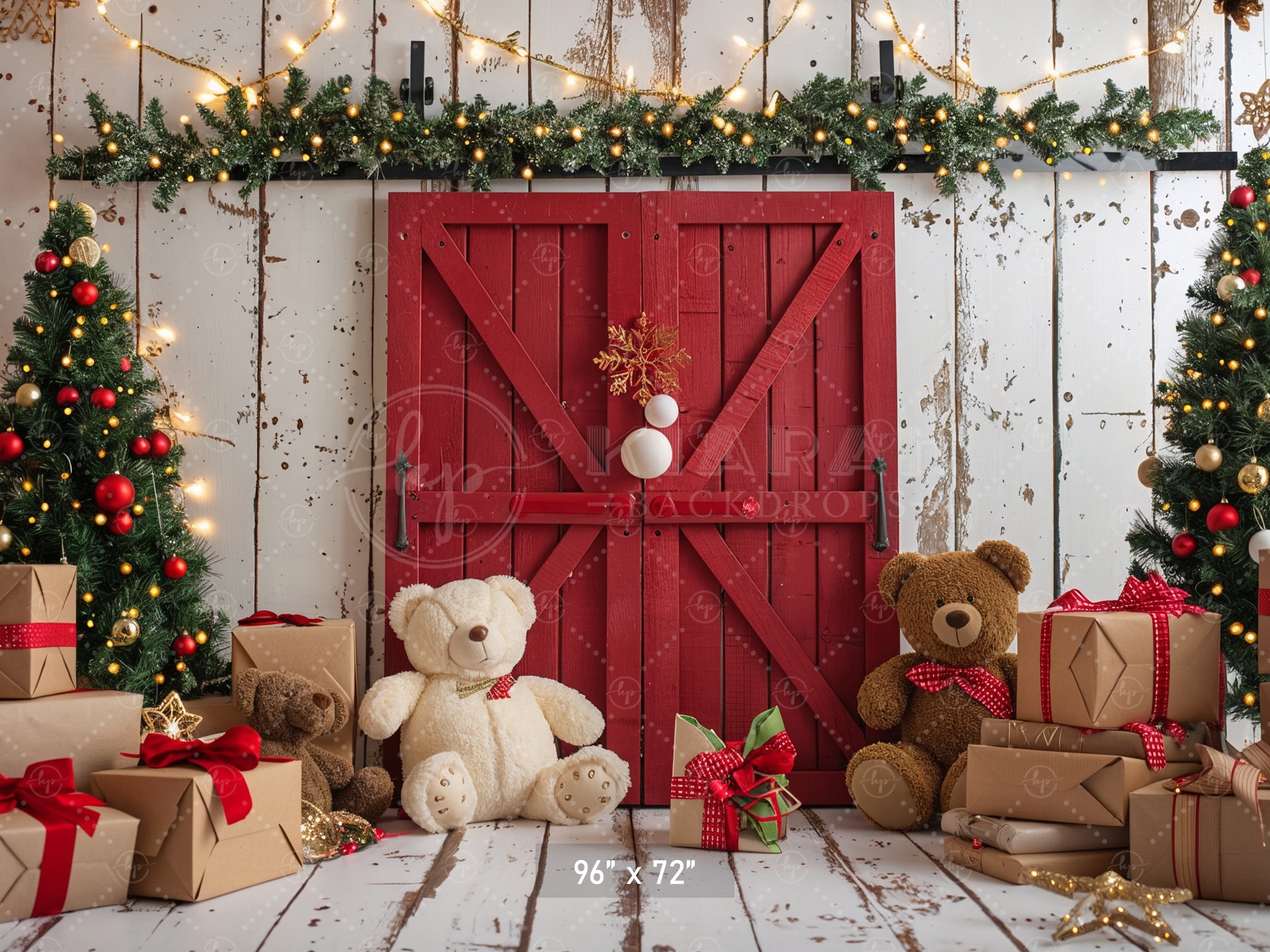 Cozy Christmas Teddy Bear Barn Door Backdrop