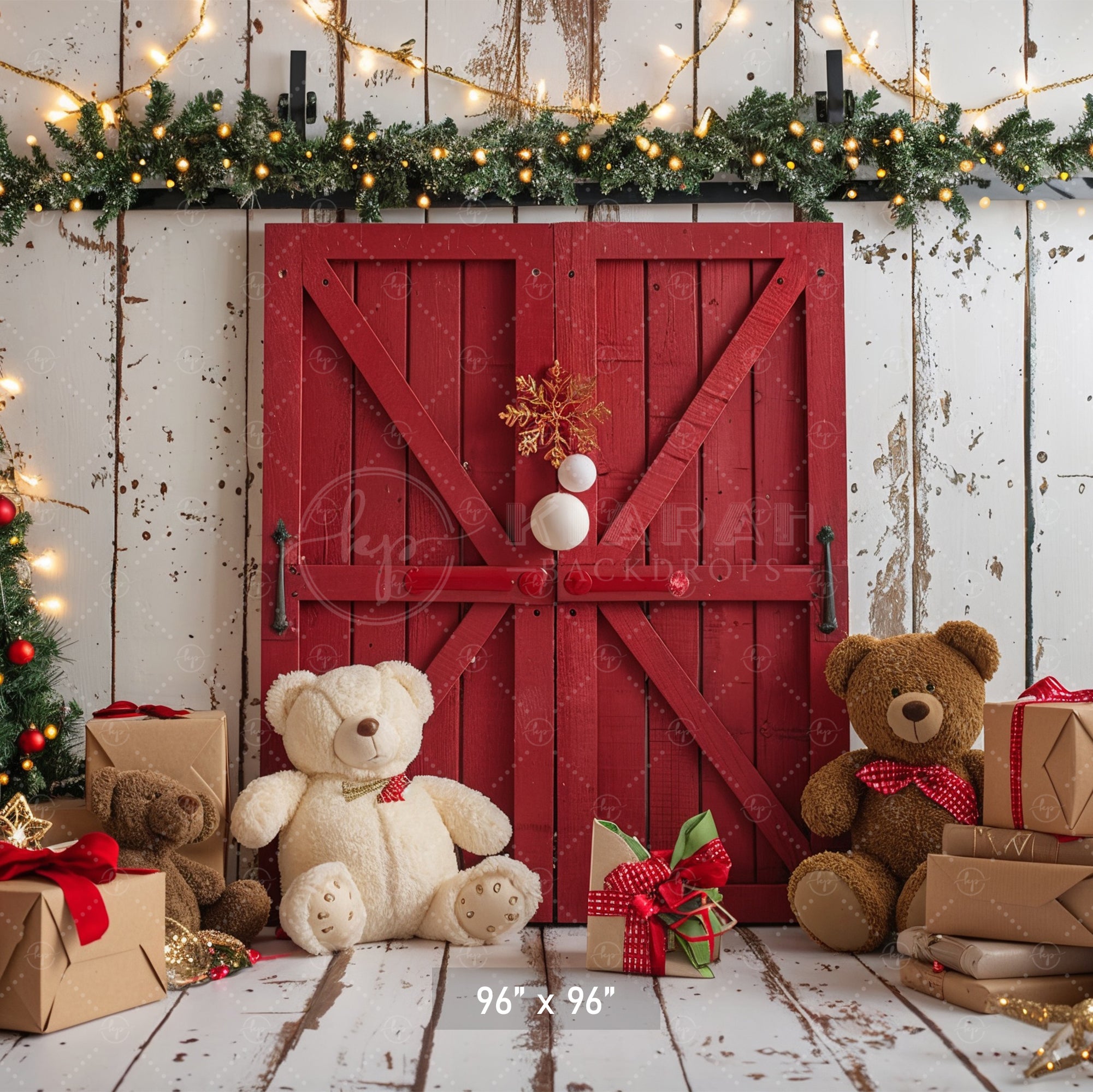 Cozy Christmas Teddy Bear Barn Door Backdrop