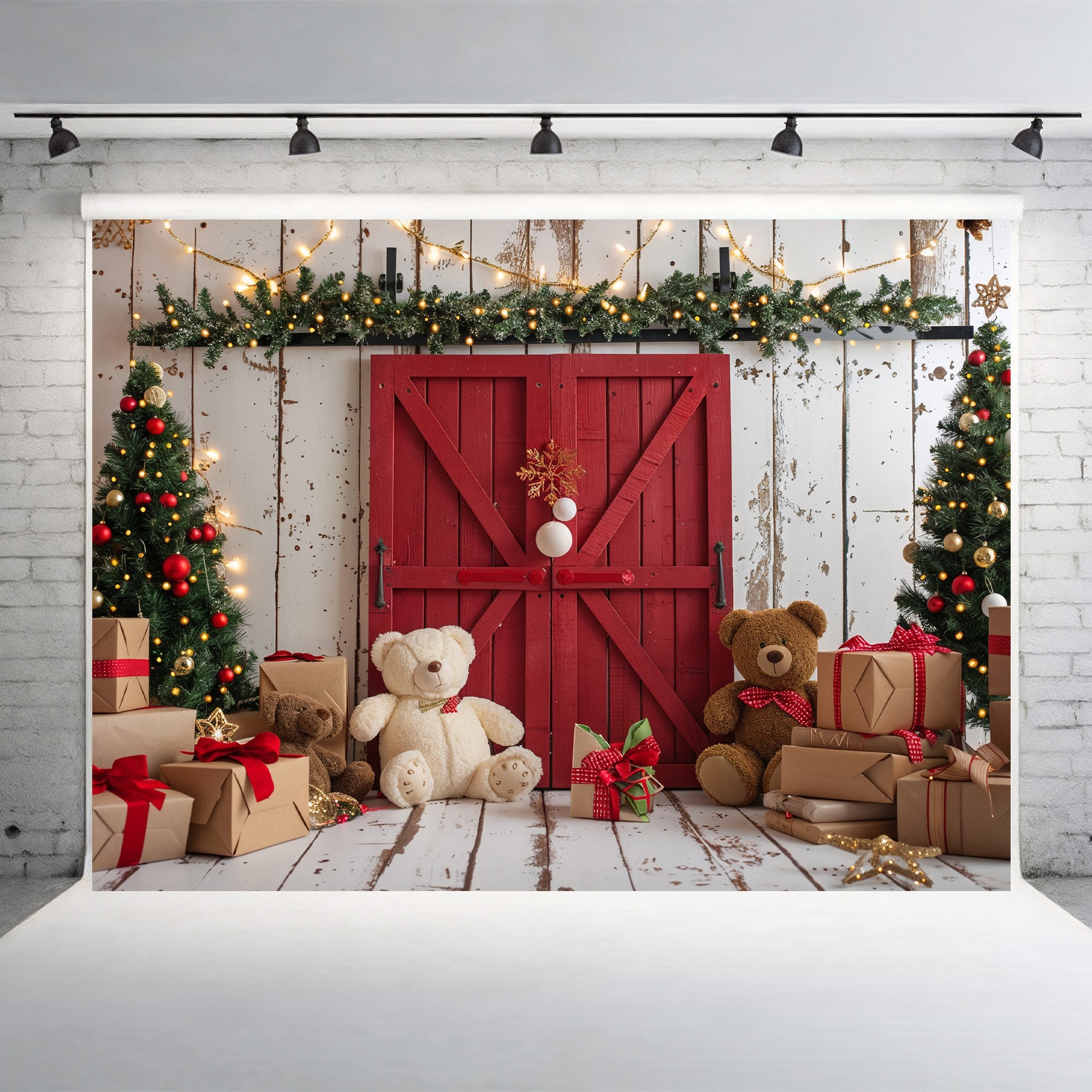 Cozy Christmas Teddy Bear Barn Door Backdrop