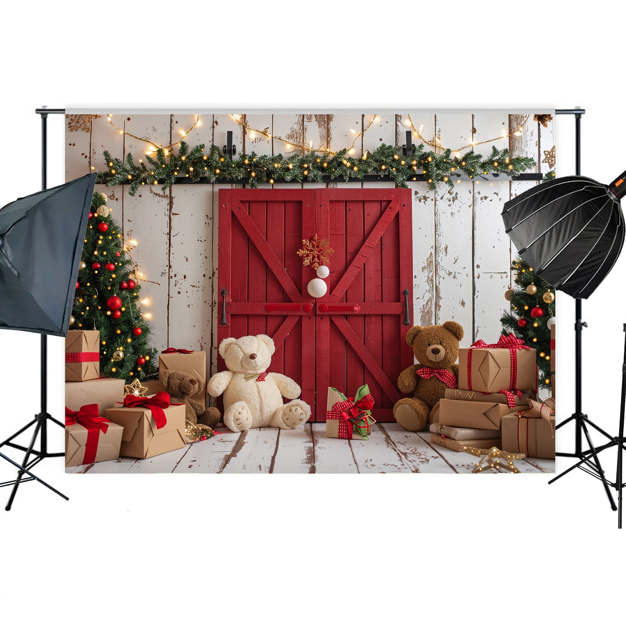 Cozy Christmas Teddy Bear Barn Door Backdrop