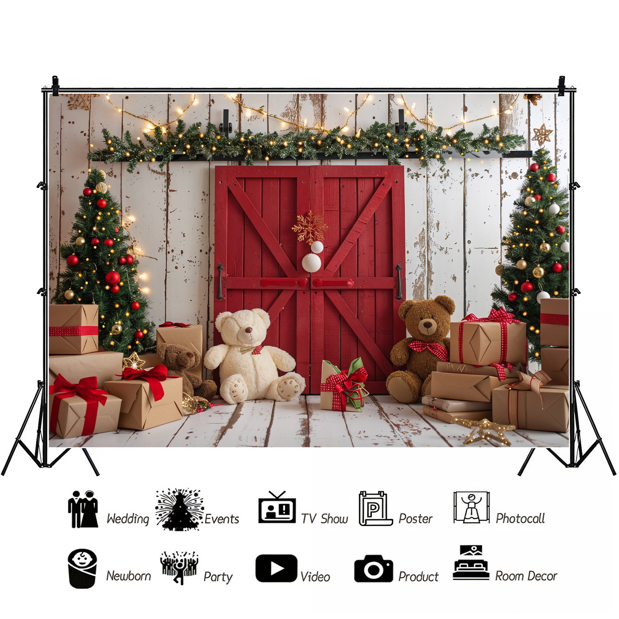 Cozy Christmas Teddy Bear Barn Door Backdrop