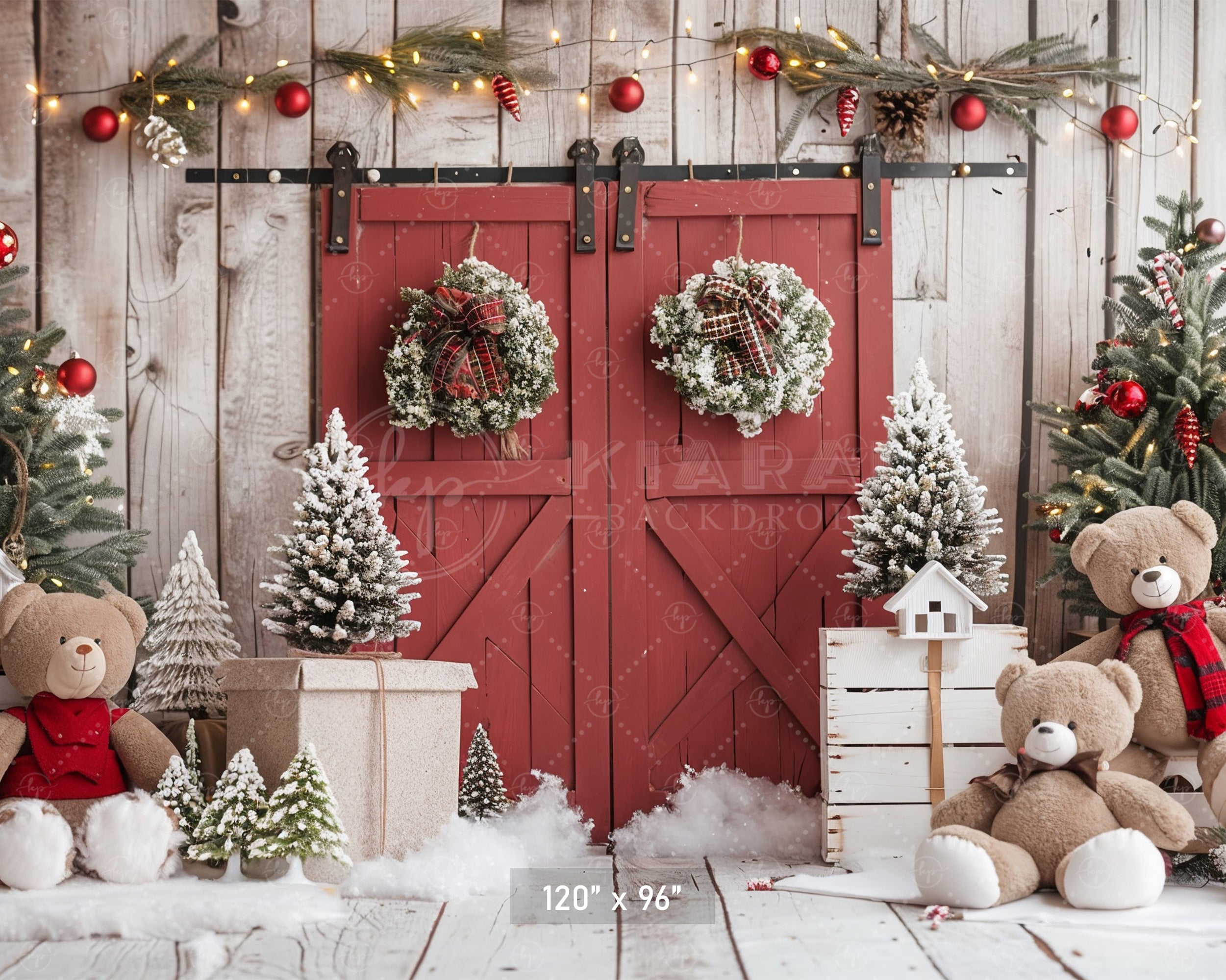 Rustic Holiday Barn Door with Teddy Bears Backdrop