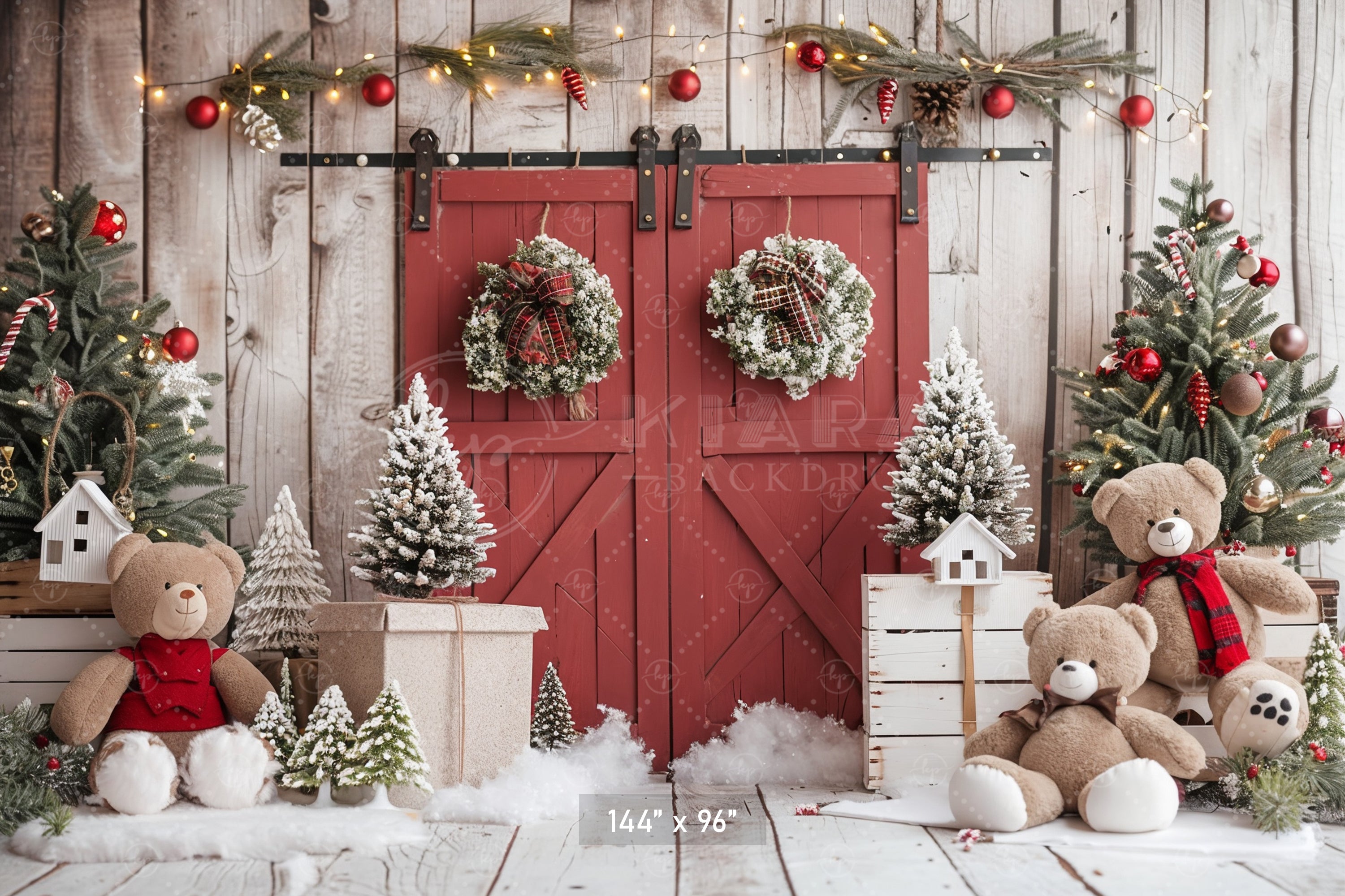 Rustic Holiday Barn Door with Teddy Bears Backdrop