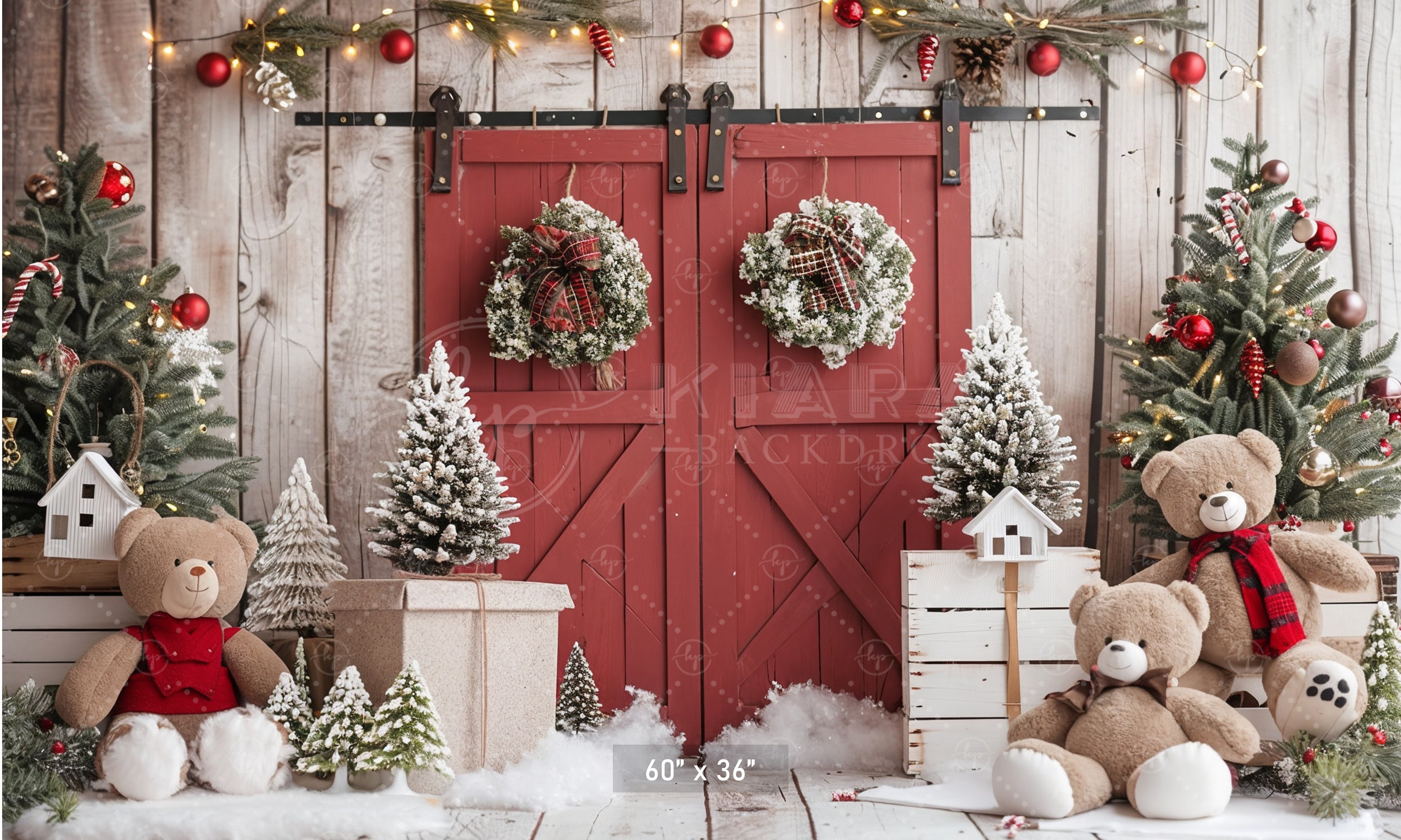 Rustic Holiday Barn Door with Teddy Bears Backdrop