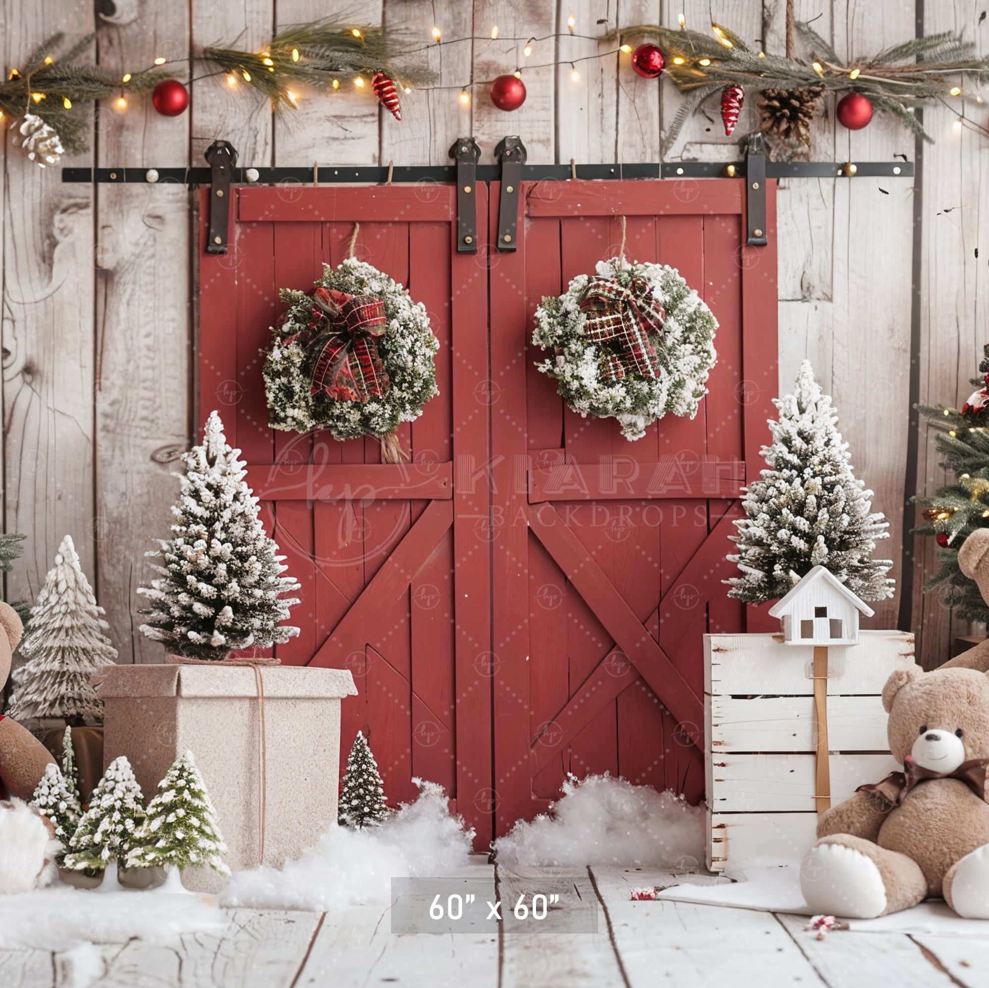 Rustic Holiday Barn Door with Teddy Bears Backdrop