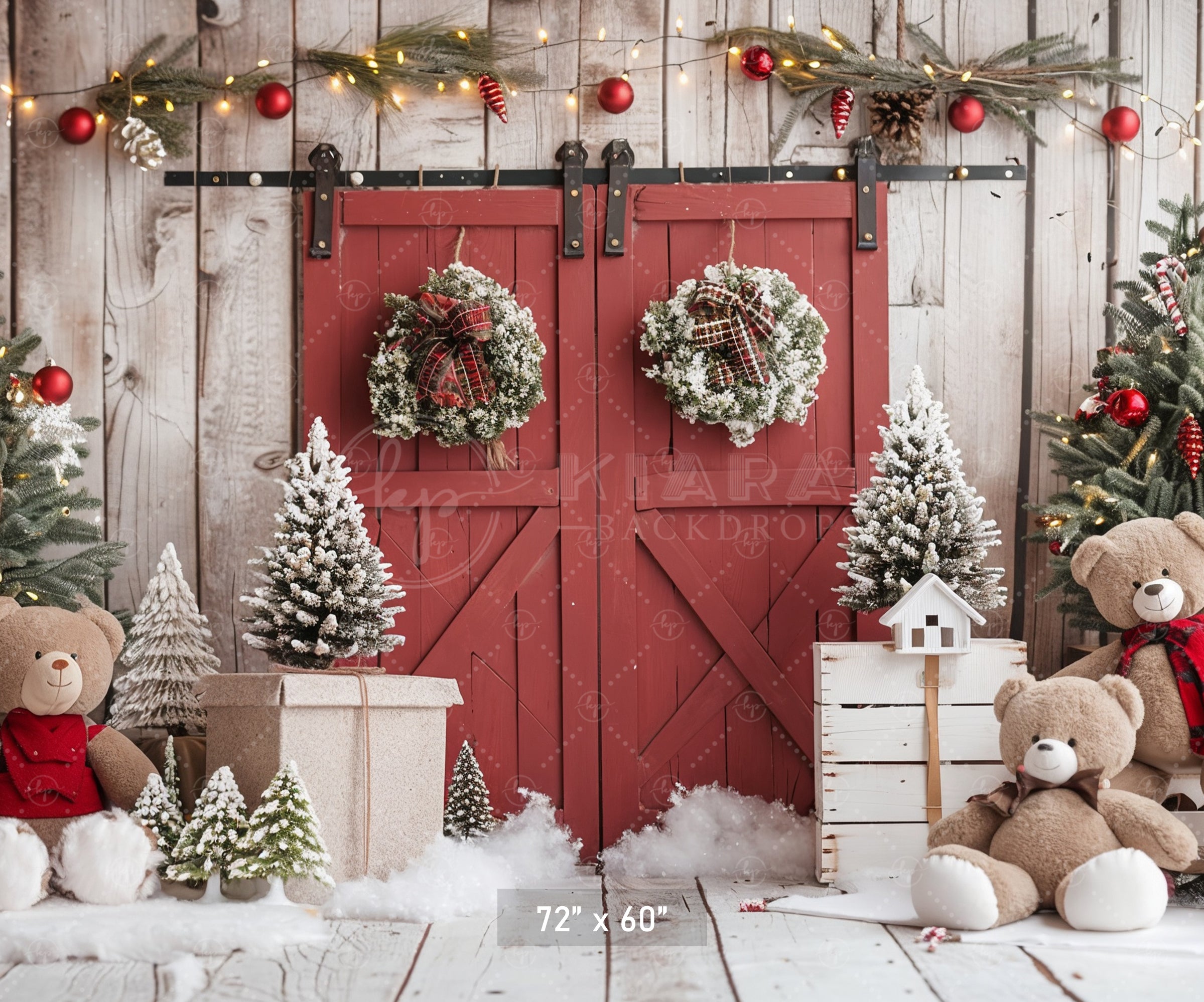 Rustic Holiday Barn Door with Teddy Bears Backdrop