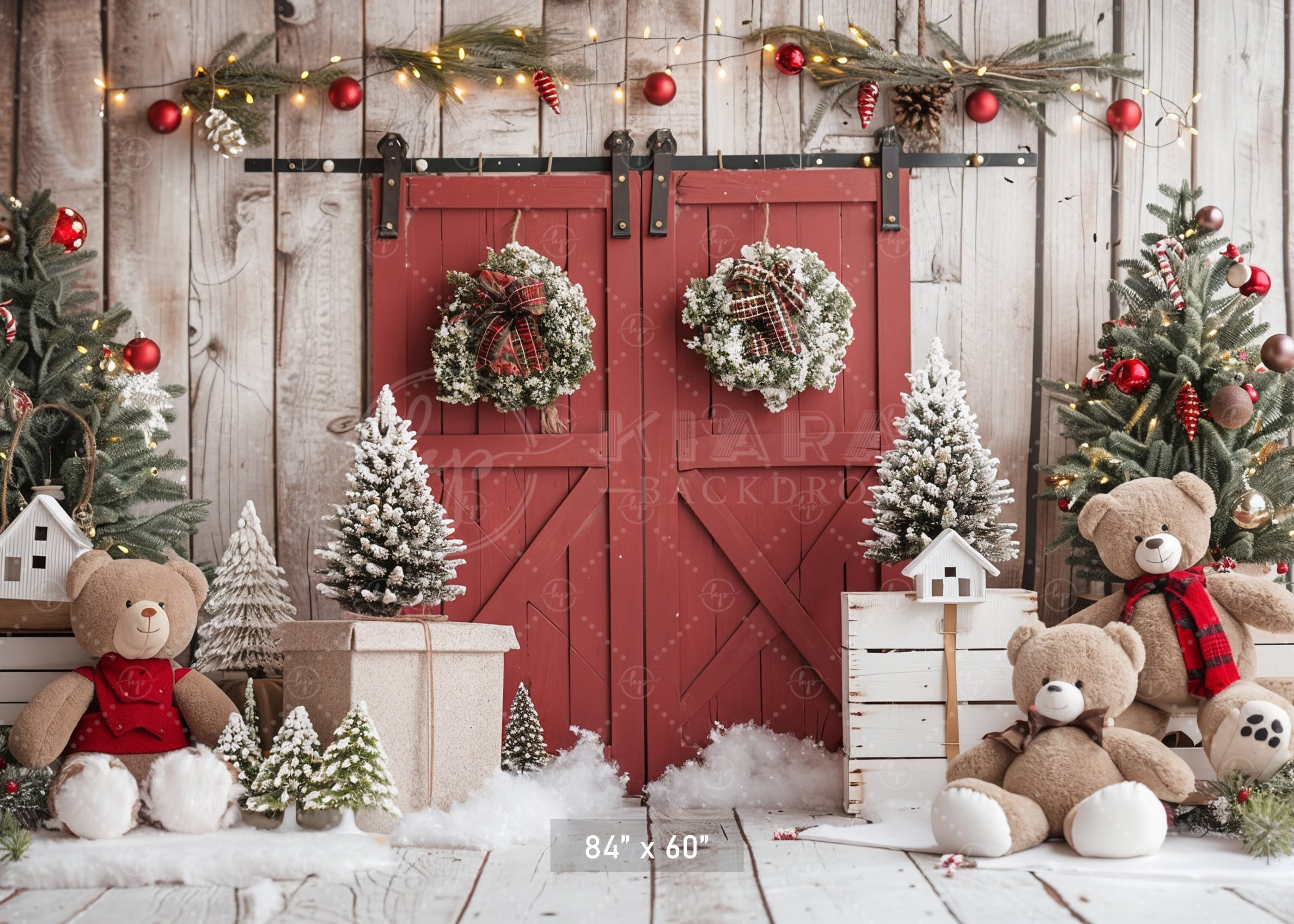 Rustic Holiday Barn Door with Teddy Bears Backdrop