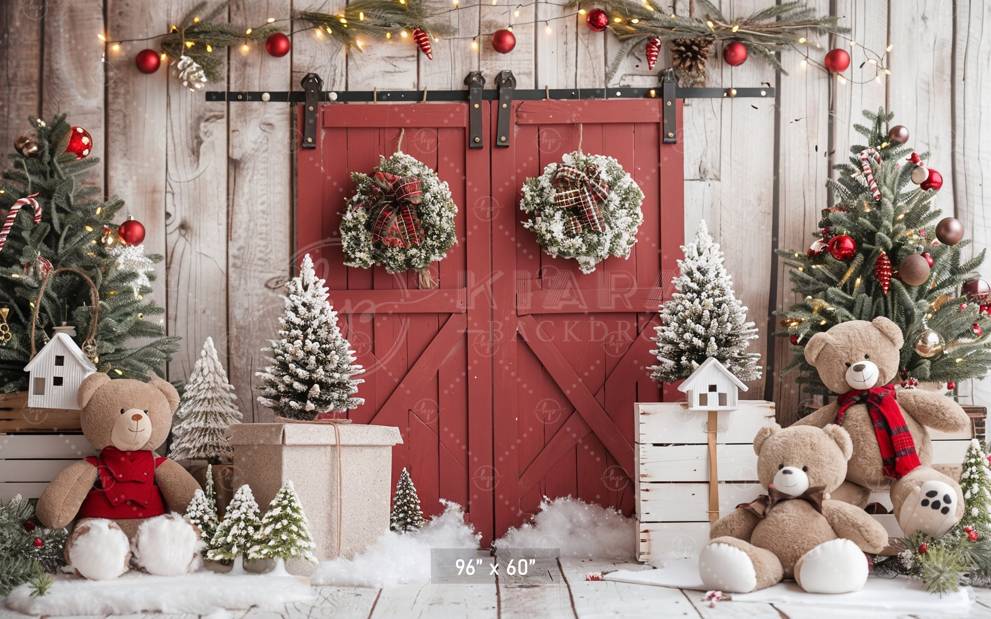 Rustic Holiday Barn Door with Teddy Bears Backdrop