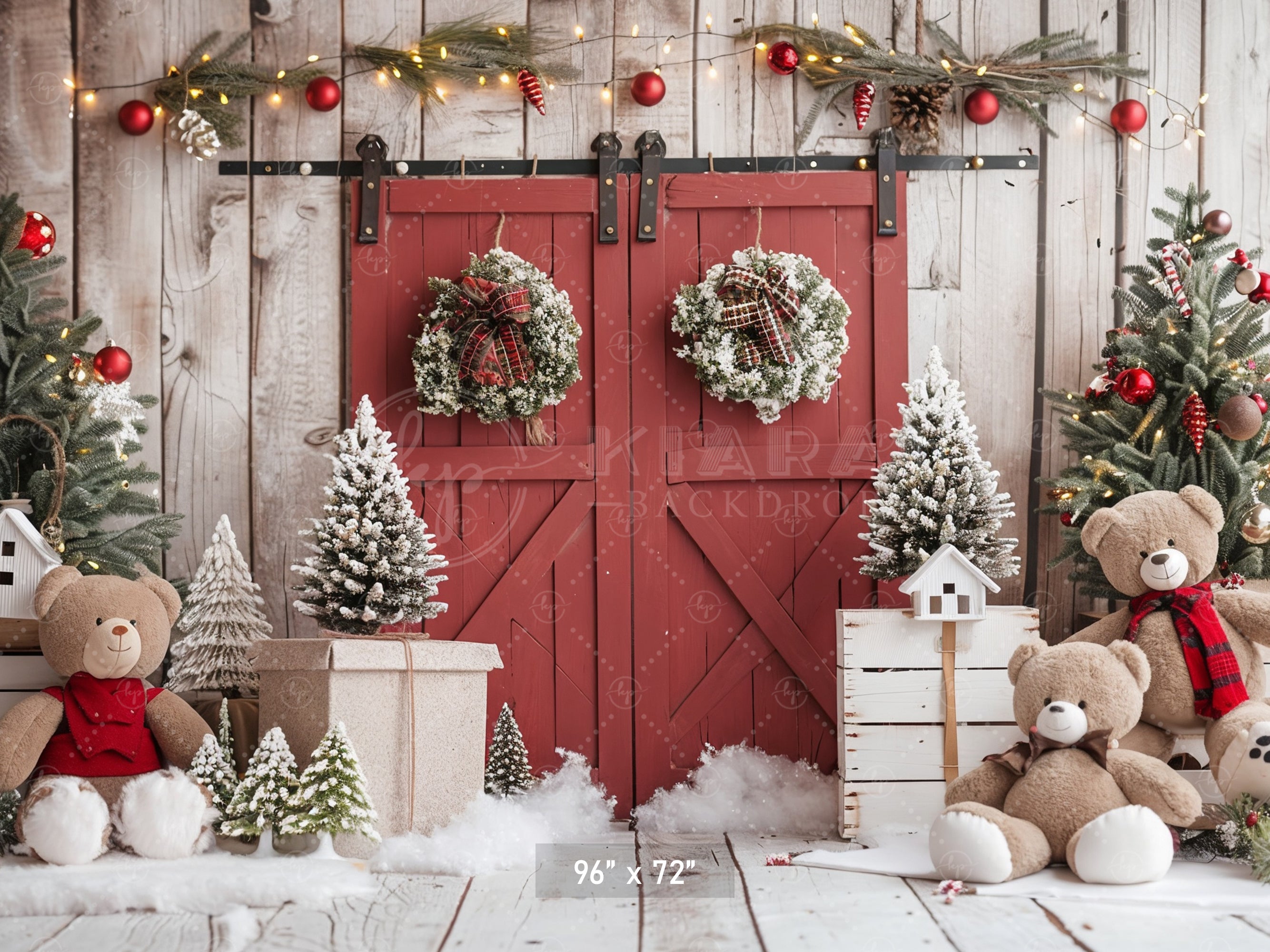 Rustic Holiday Barn Door with Teddy Bears Backdrop