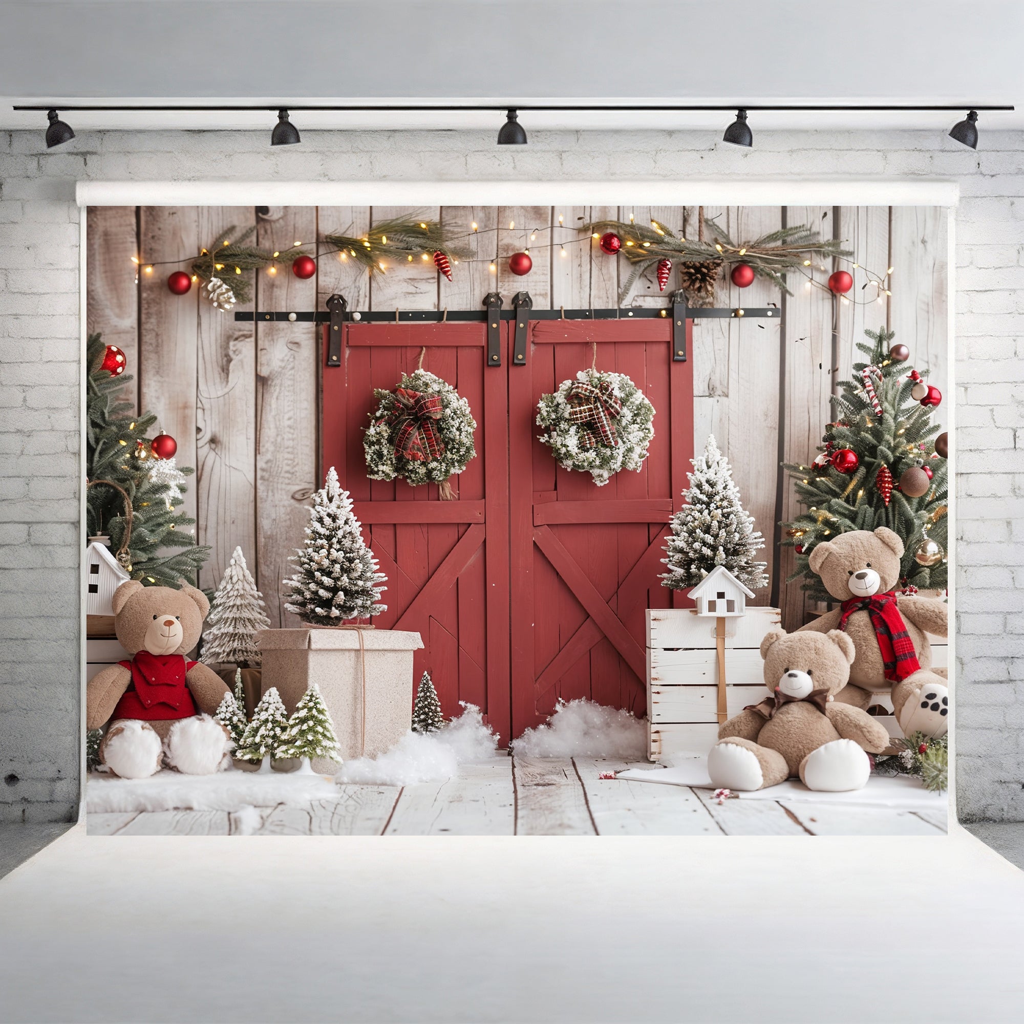 Rustic Holiday Barn Door with Teddy Bears Backdrop
